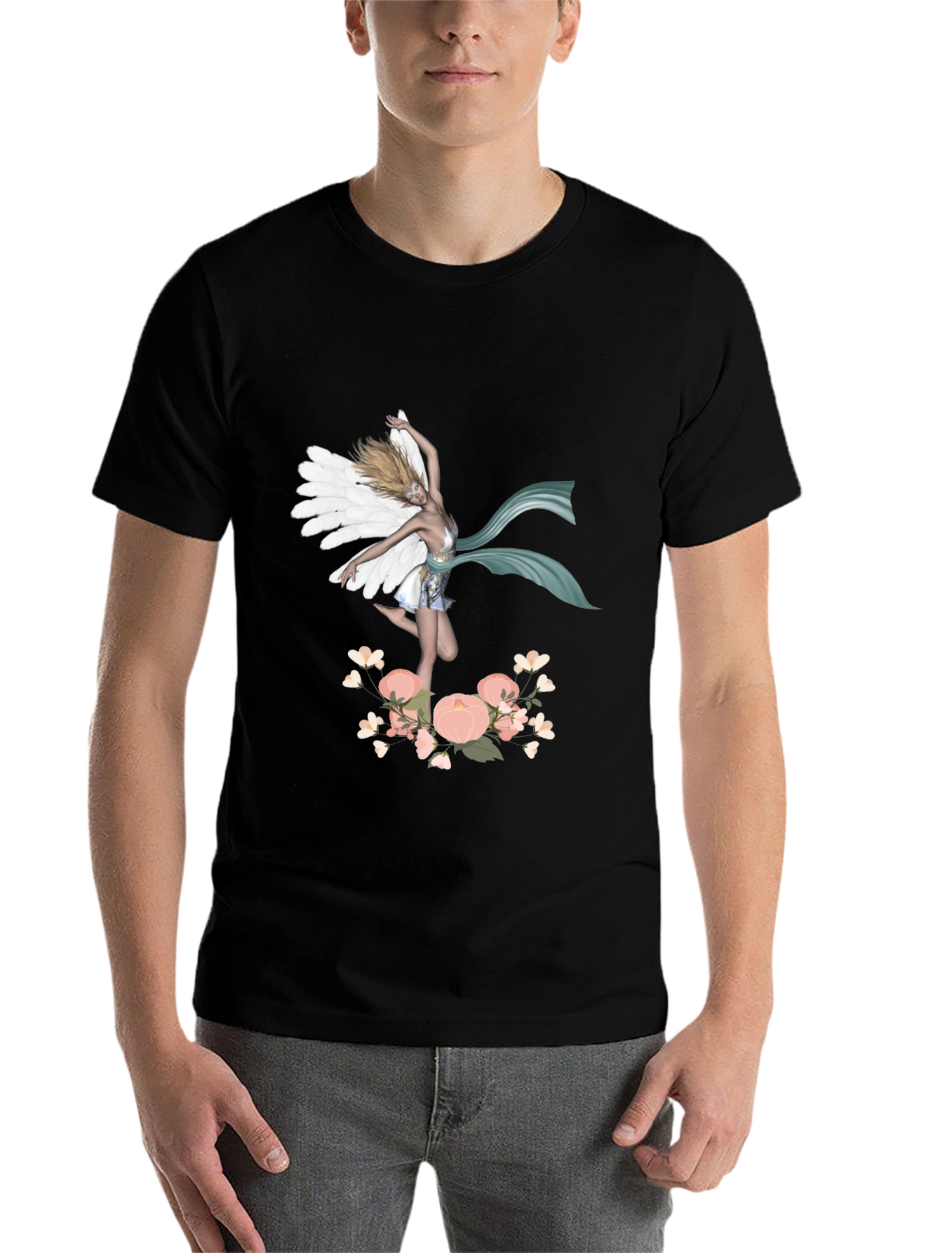 Black Fairy Wings Flower Graphic Tee - Unique Design view 7