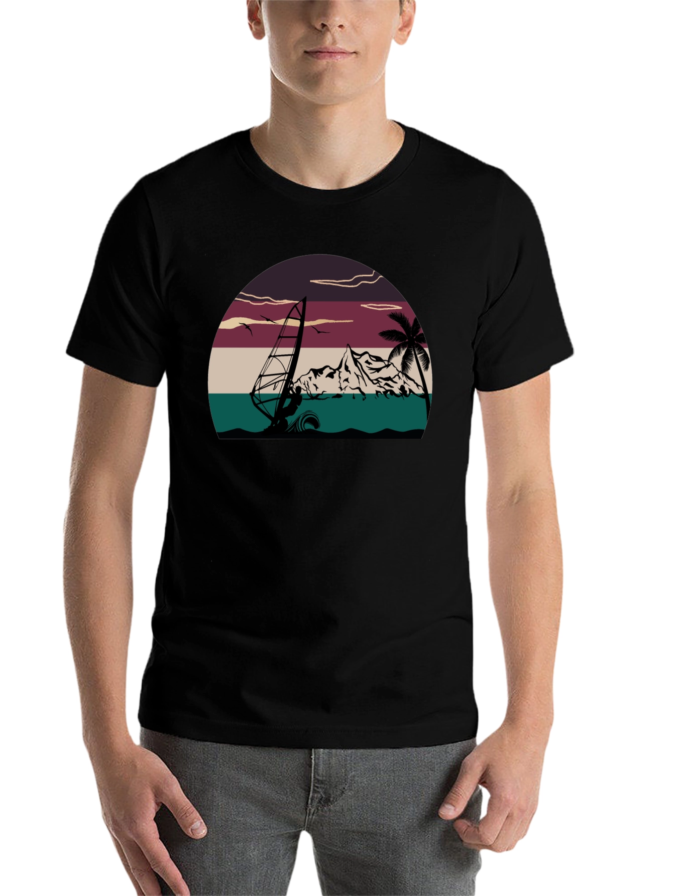 Black Retro Windsurfing T-Shirt - Vintage Style Tee view 7