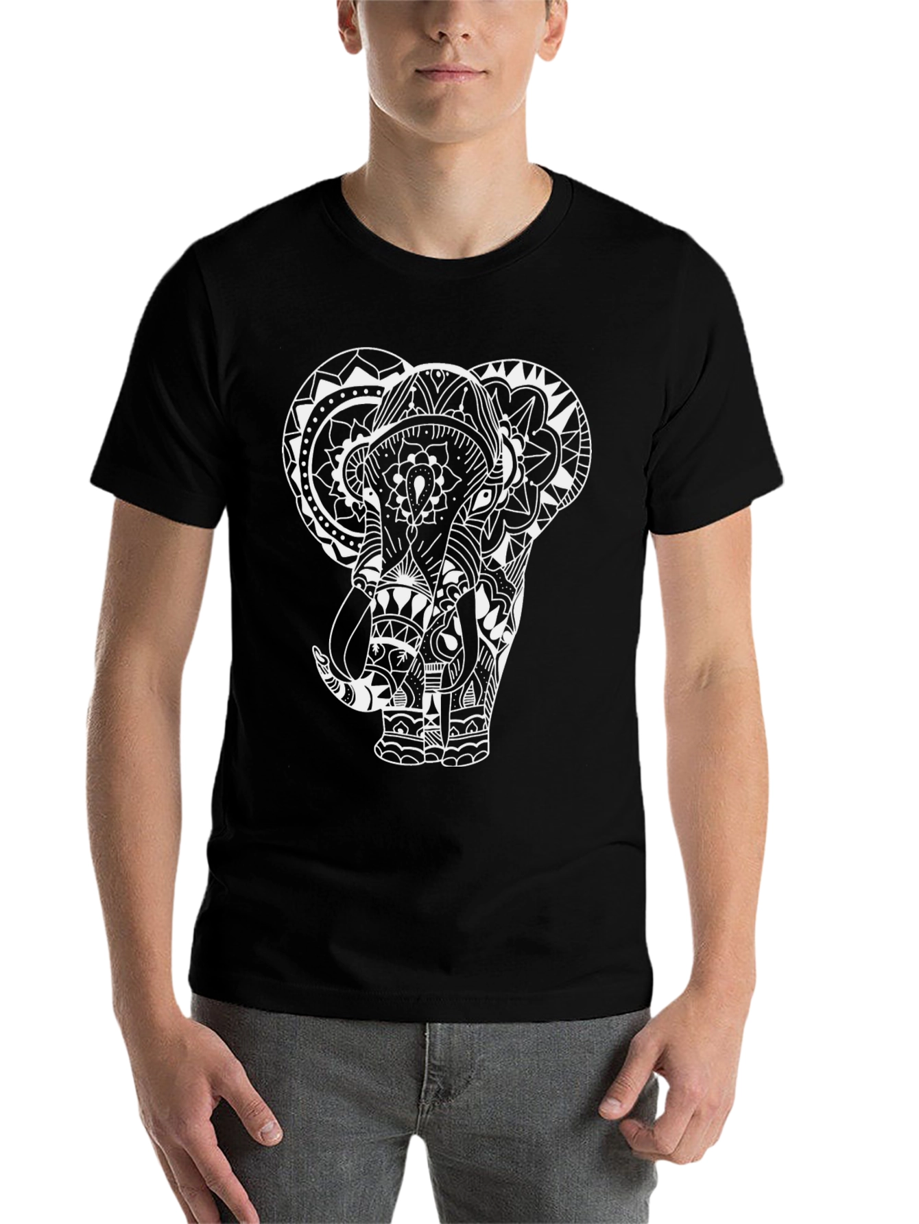 Black Elephant Mandala Graphic T-Shirt - Black Cotton Tee view 7