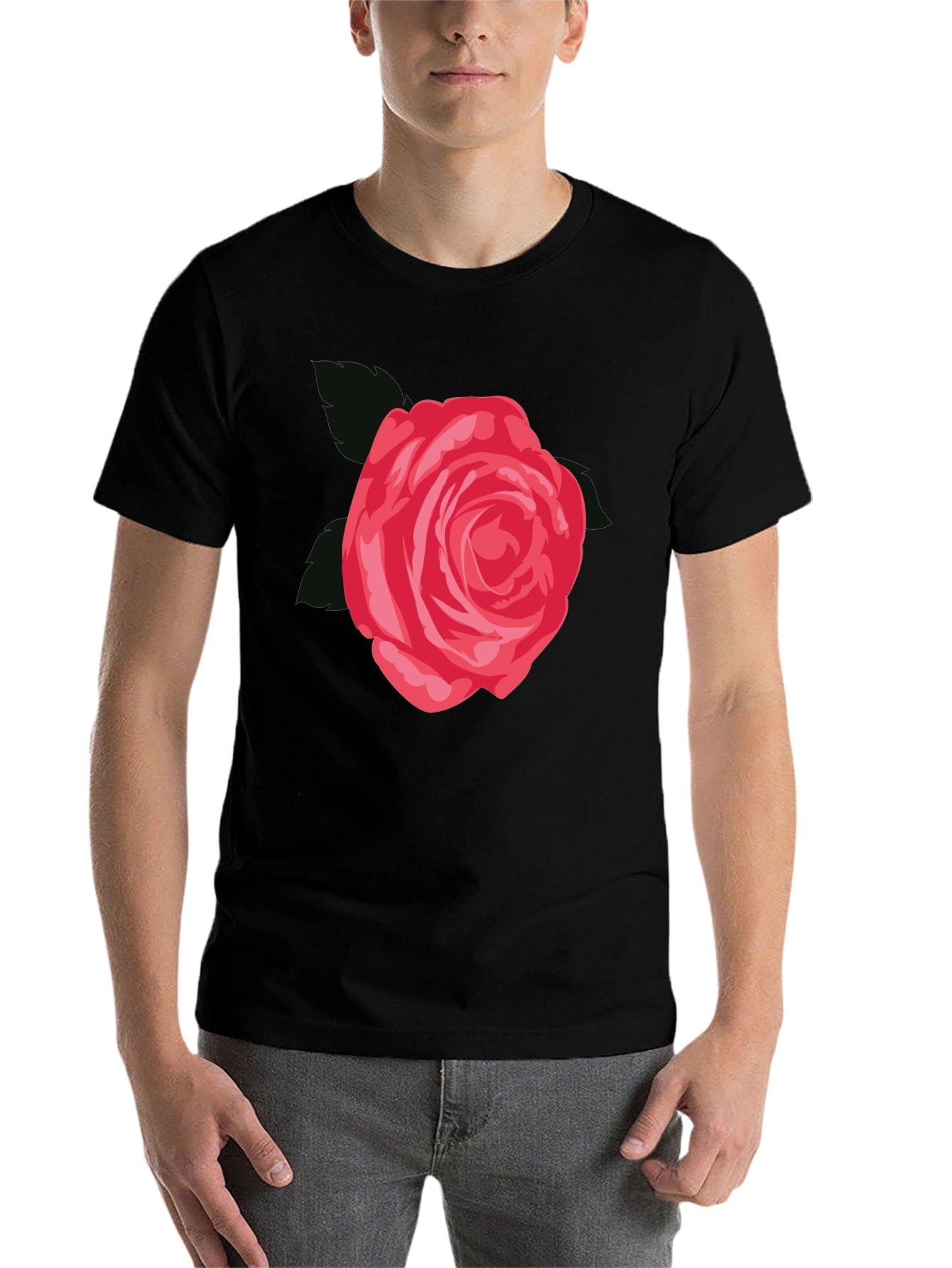 Black Men's Black T-Shirt with Red Rose Graphic view 7