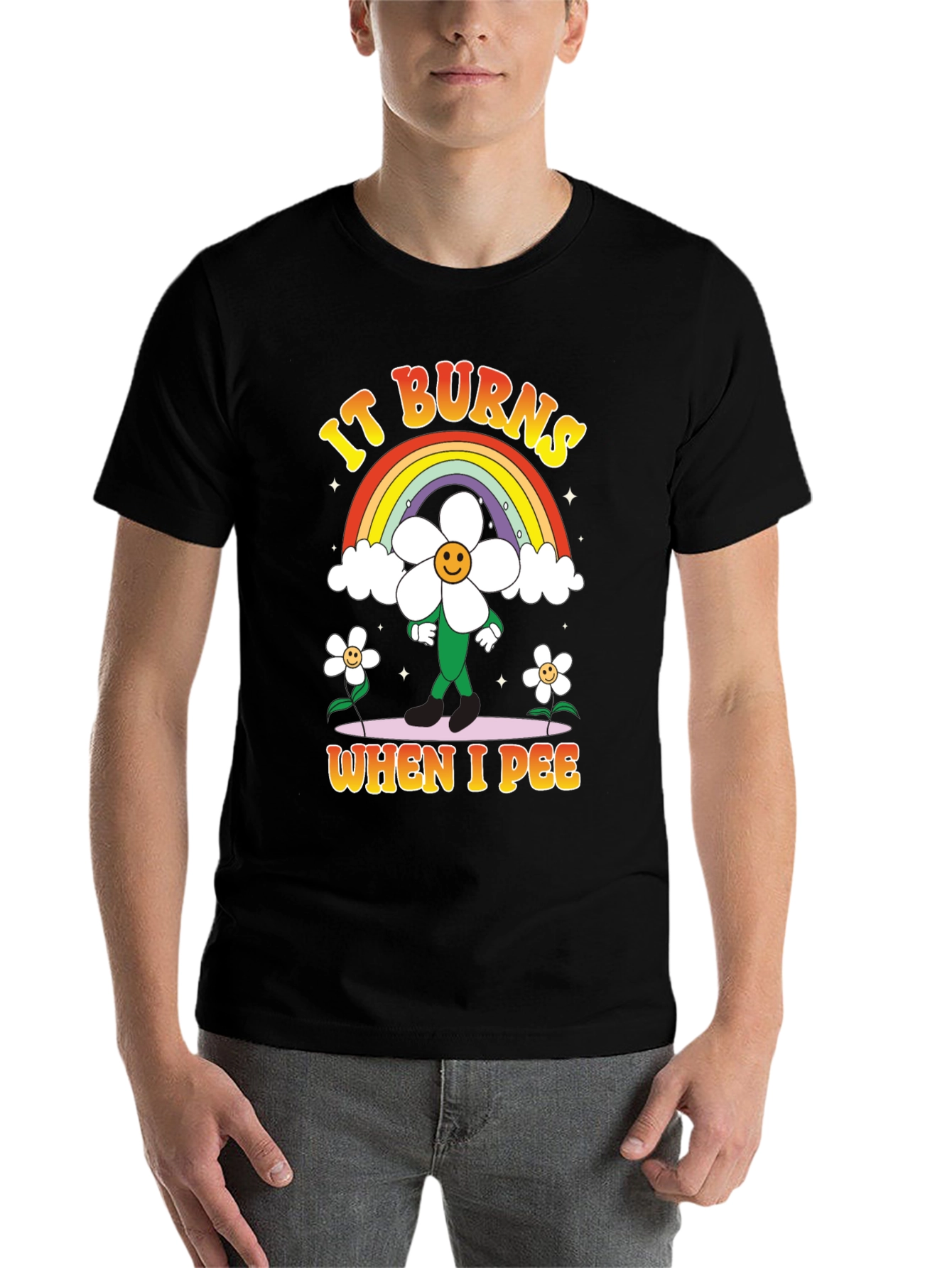 Black Funny Graphic T-Shirt - It Burns When I Pee Rainbow view 7