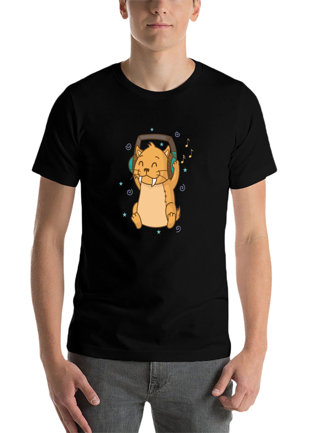 Black Cute Otter with Headphones Black T-Shirt view 7