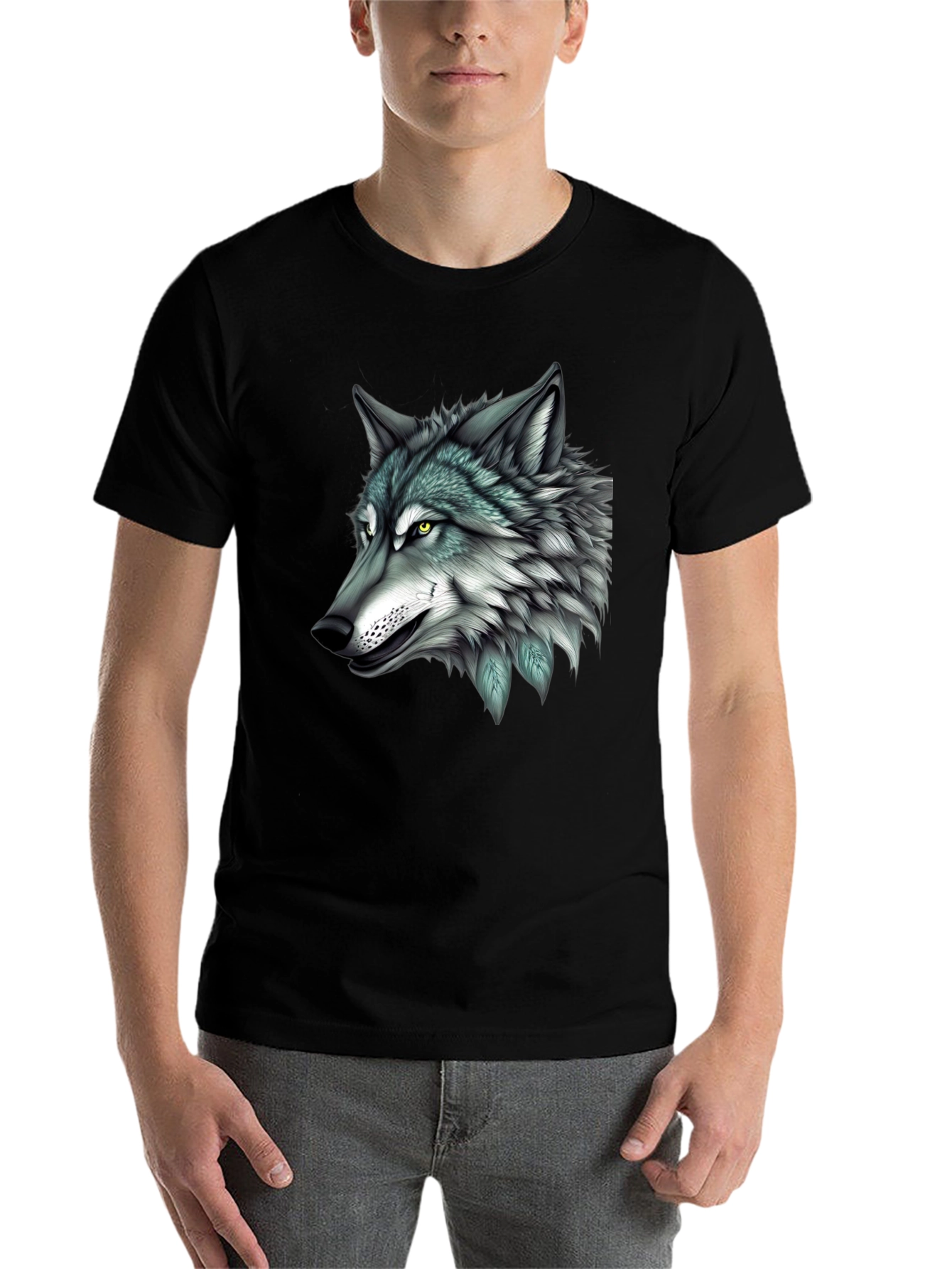 Black Wolf Graphic Print Black T-Shirt for Men view 7