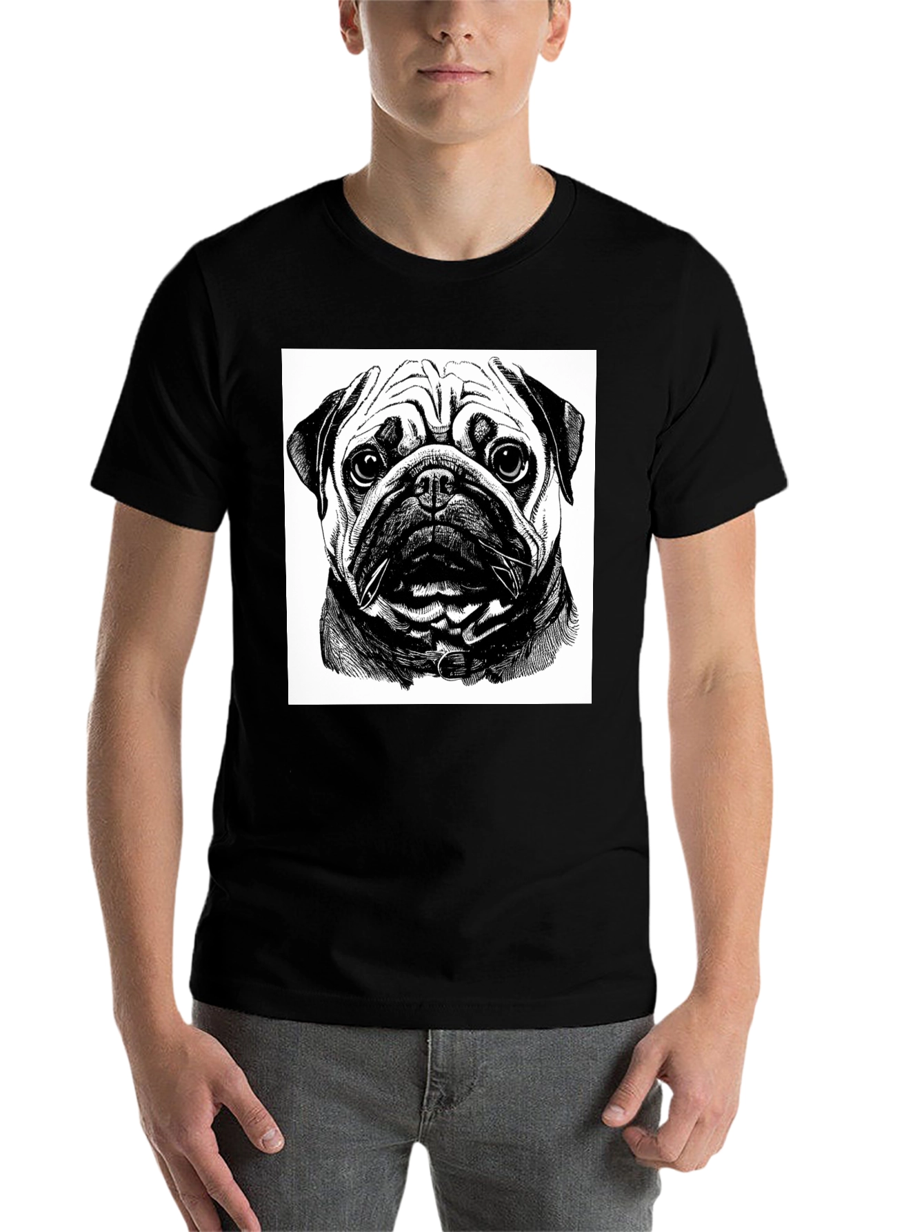 Black Pug Portrait Graphic Black T-Shirt view 7
