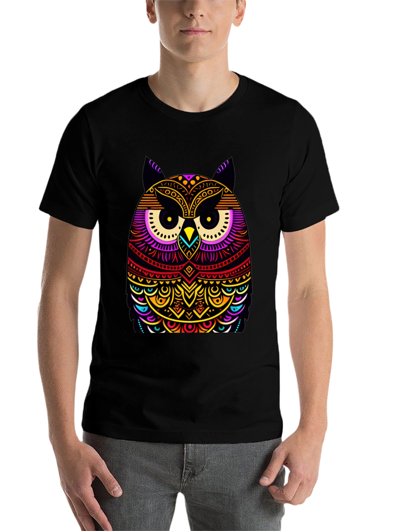 Black Vibrant Owl Graphic Black T-Shirt view 7