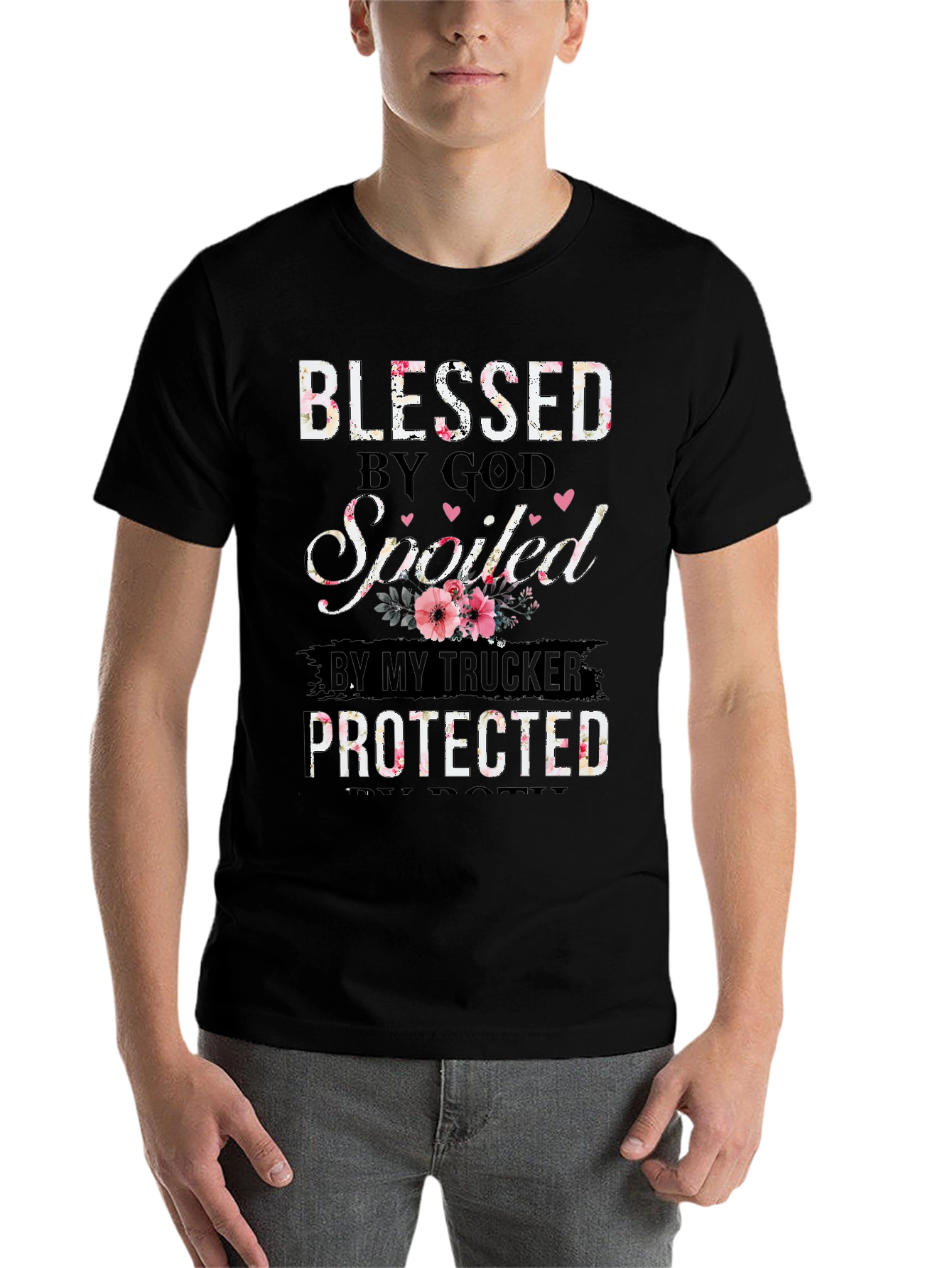 Black Blessed by God Trucker T-Shirt view 7