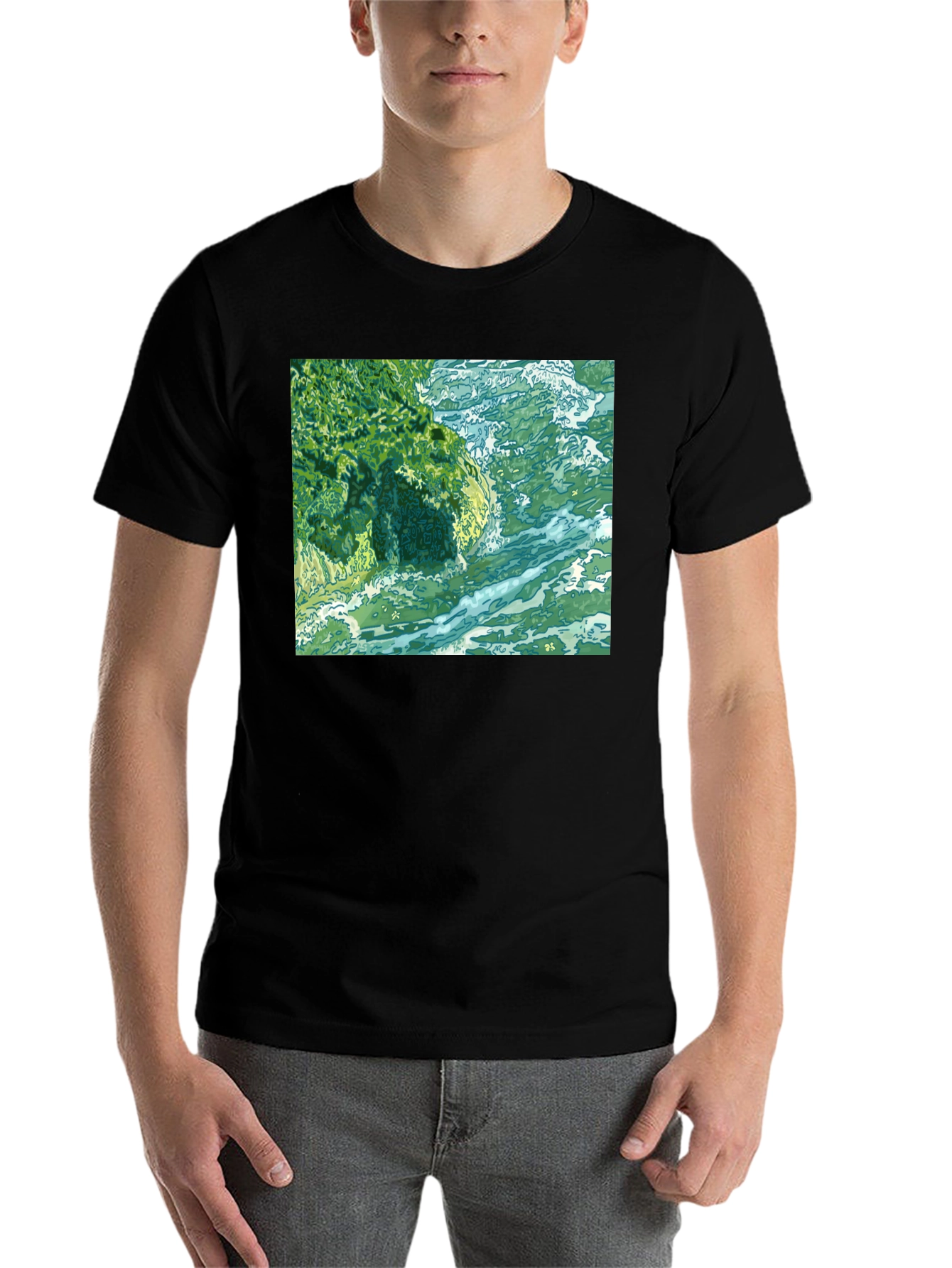 Black Ocean Scene Graphic Tee - Black Cotton Blend view 7