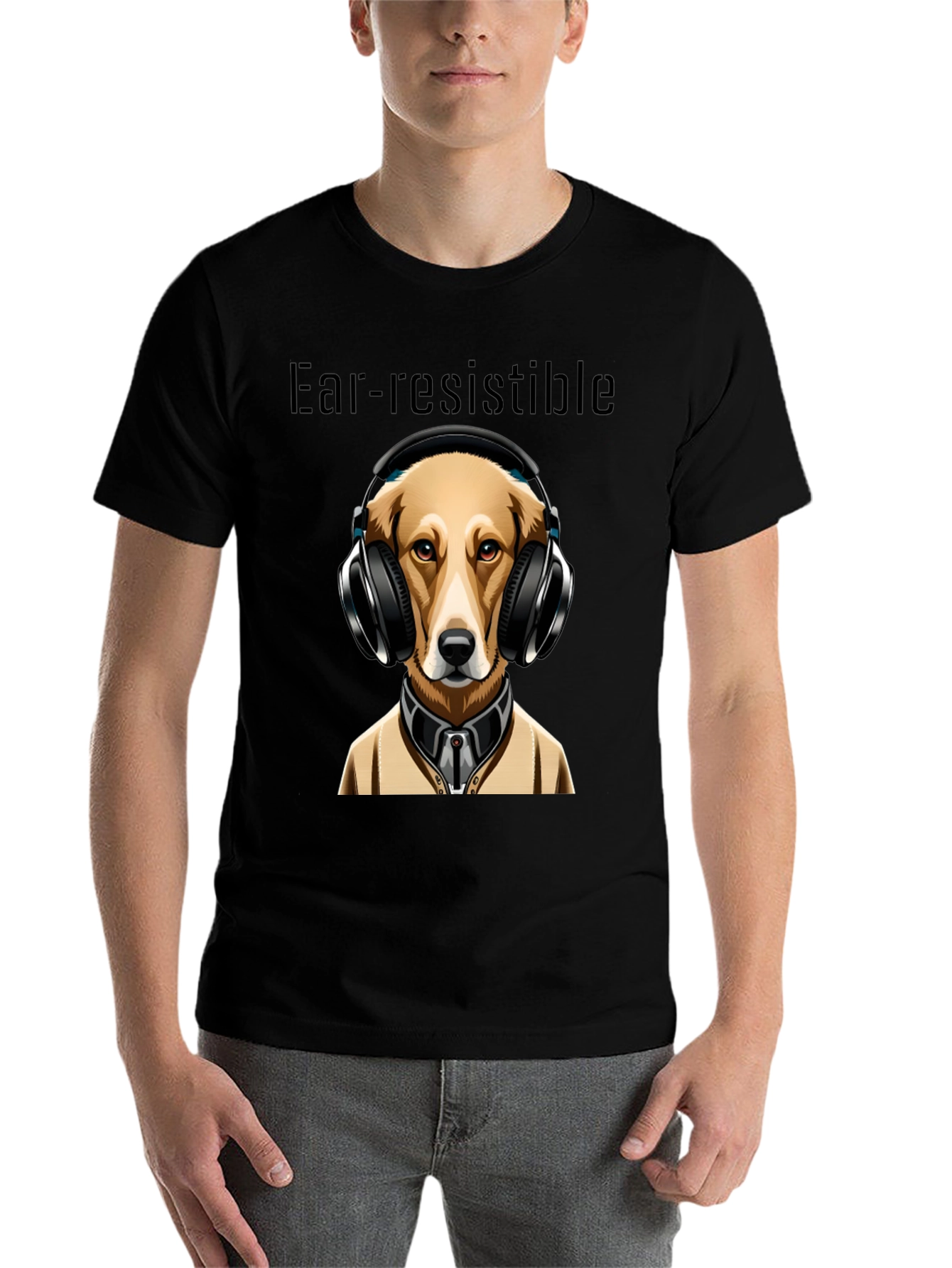 Black Ear-resistible Dog Headphones Graphic Tee view 7