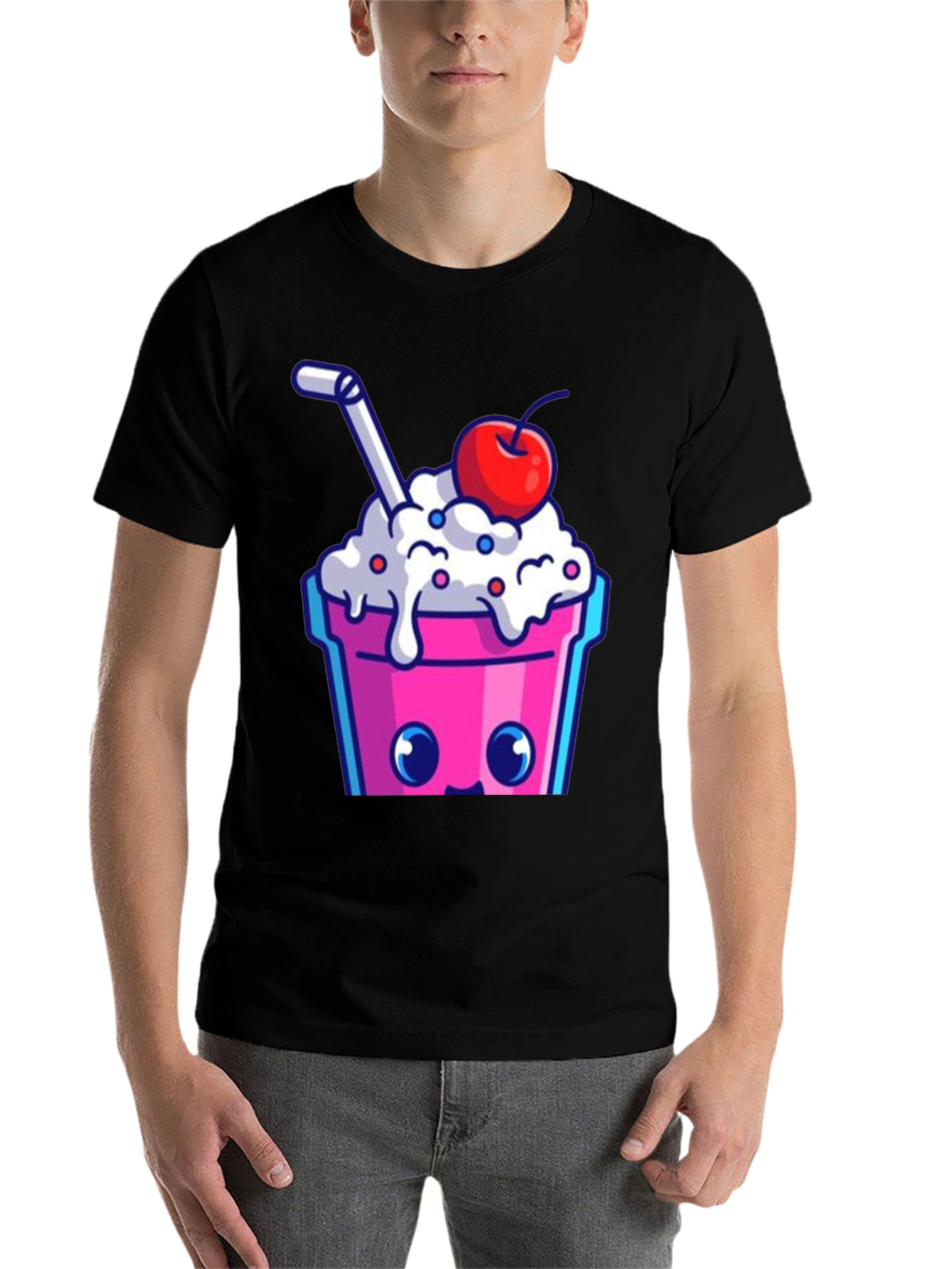 Black Cute Kawaii Milkshake Graphic Tee - Fun Style view 7