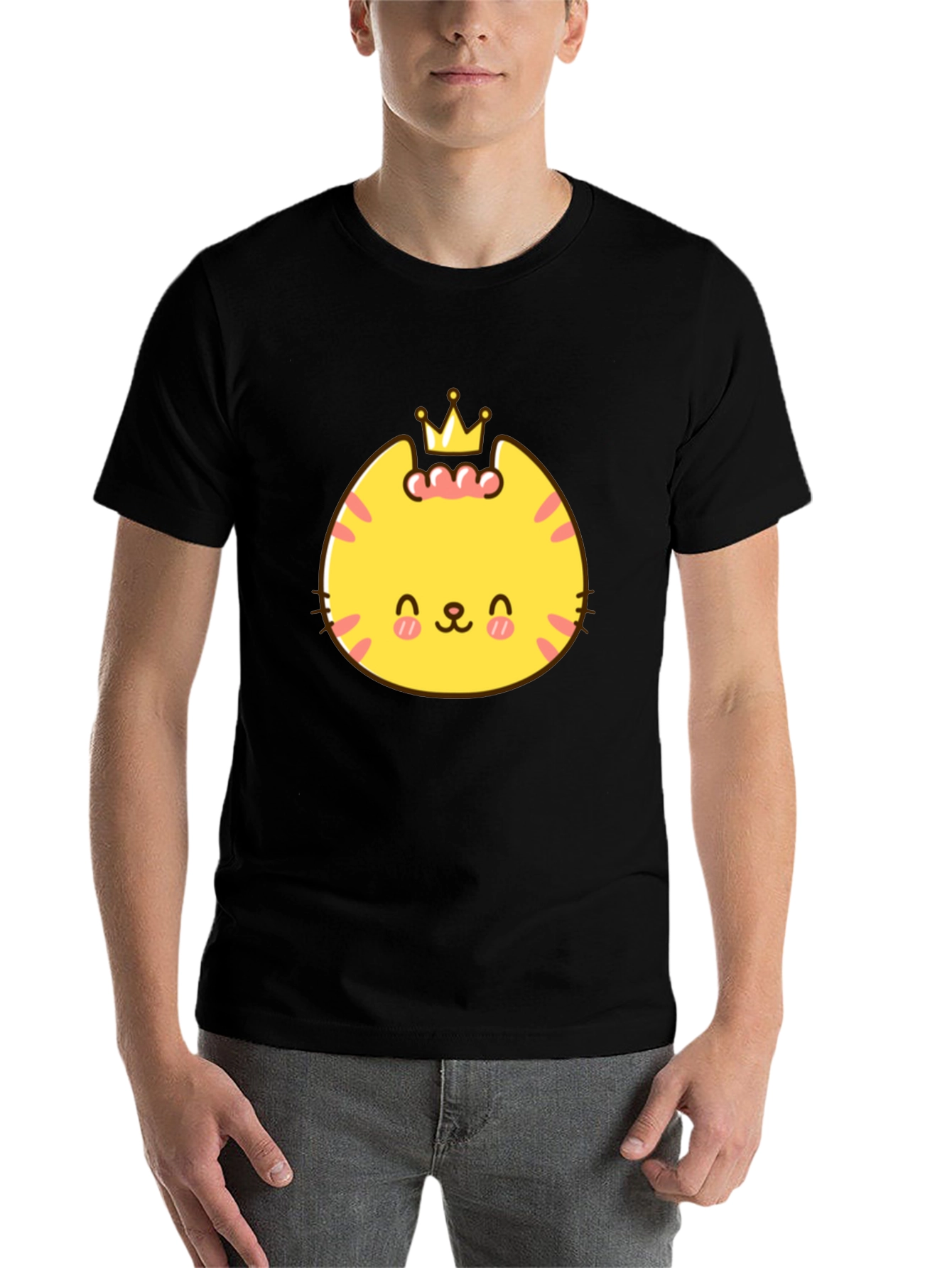 Black Cute Cartoon Crown Cat Graphic Tee - Black view 7