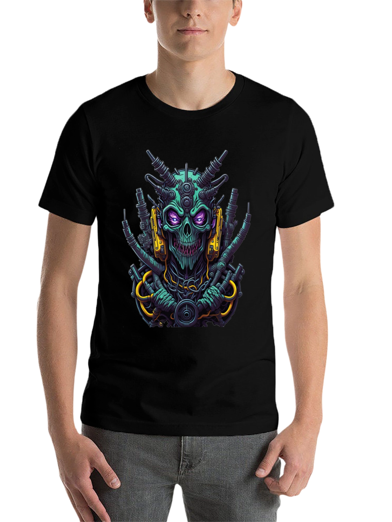 Black Cyberpunk Skull T-Shirt - Bold Sci-Fi Style view 7
