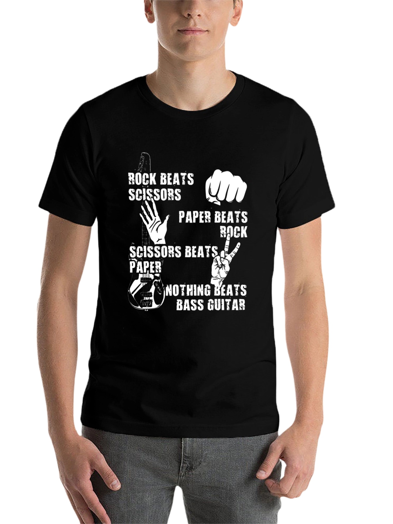 Black Rock Paper Scissors Bass Guitar Novelty T-Shirt view 7