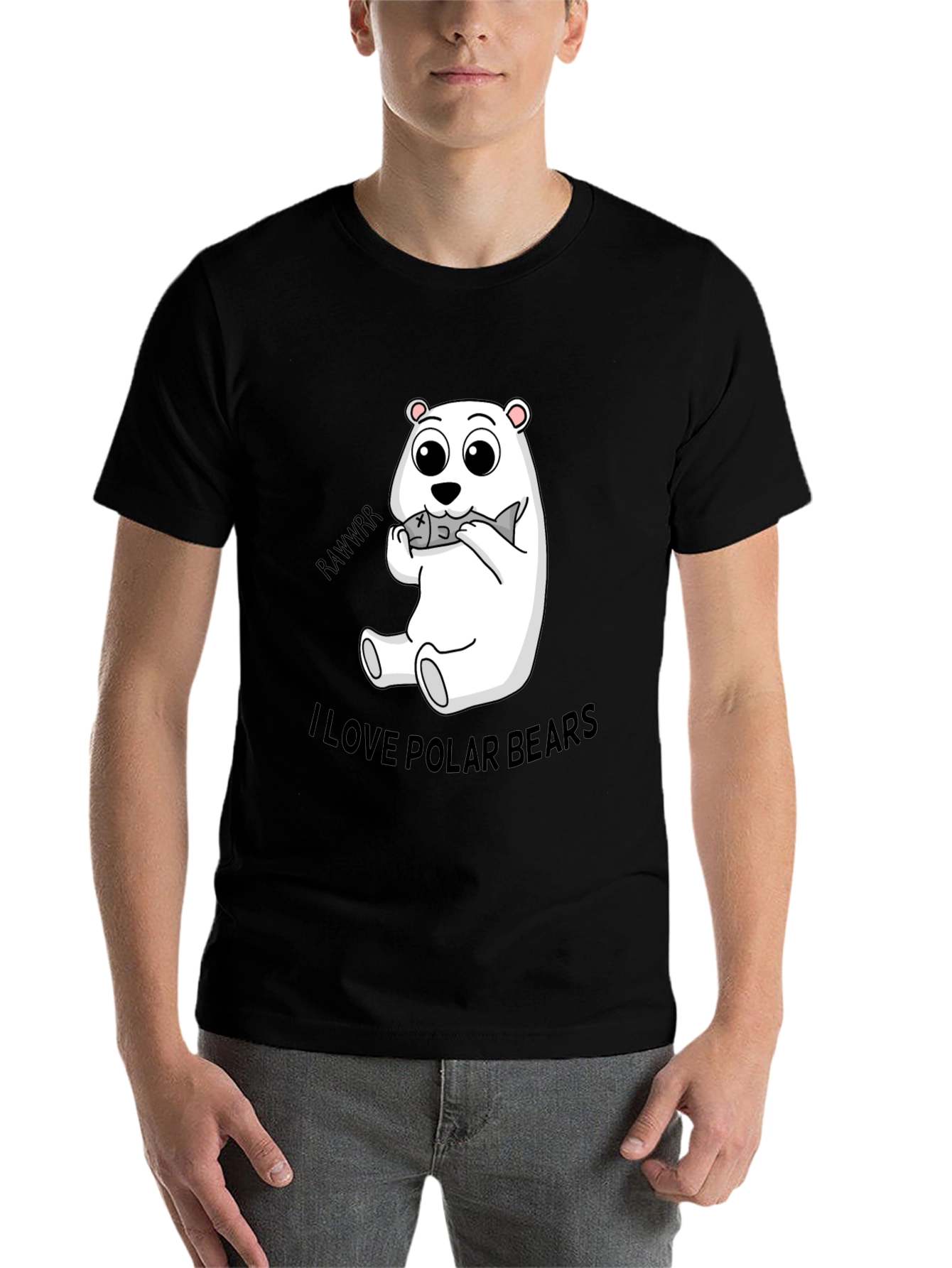 Black Cute Polar Bear Eating Fish Black T-Shirt view 7