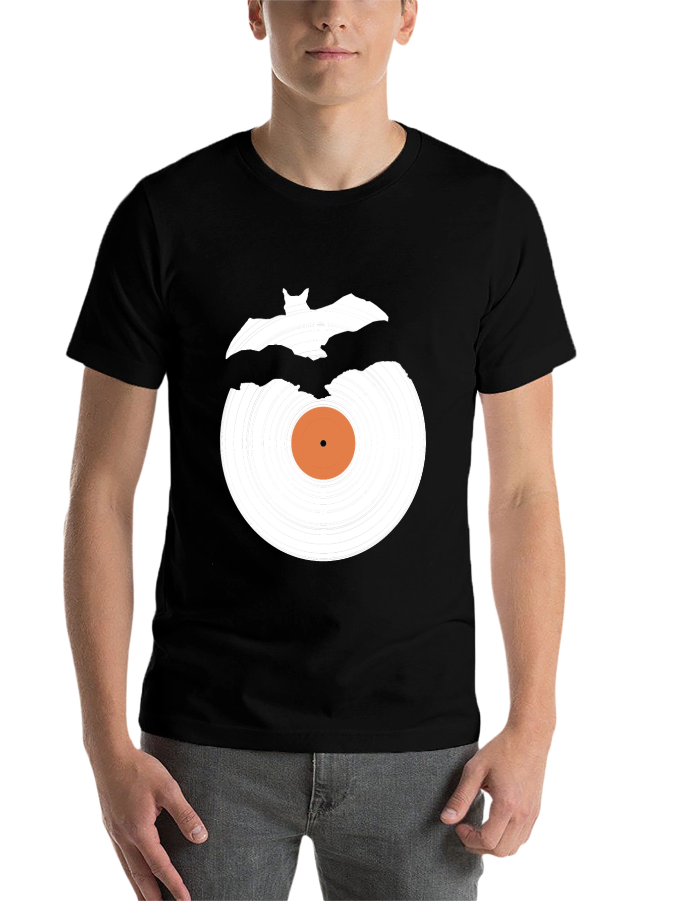 Black Bat Vinyl Record Graphic Tee - Halloween Style view 7