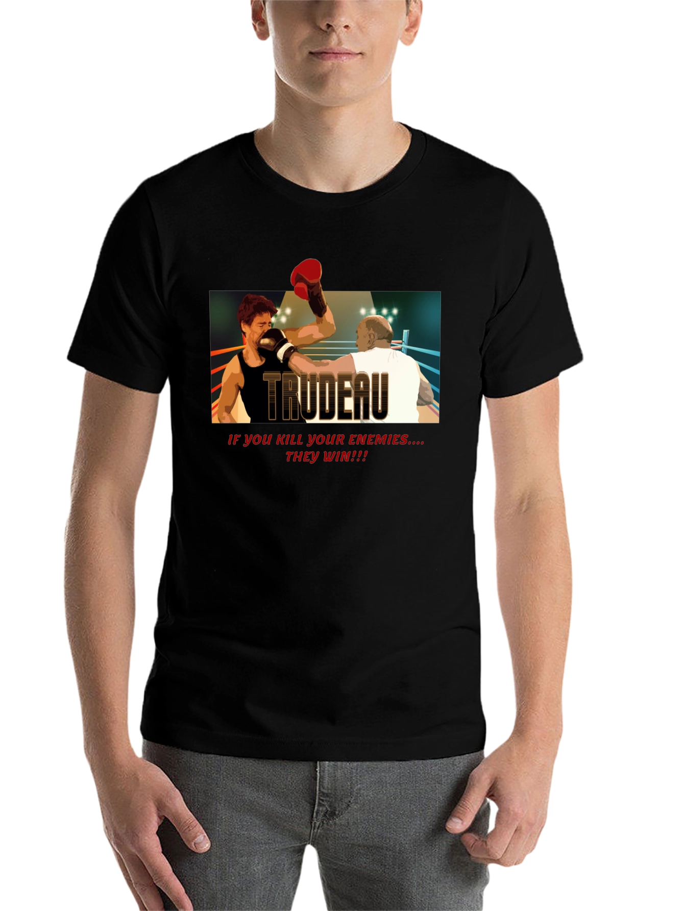 Black Trudeau Boxing Graphic Tee - Political Statement T-Shirt view 7
