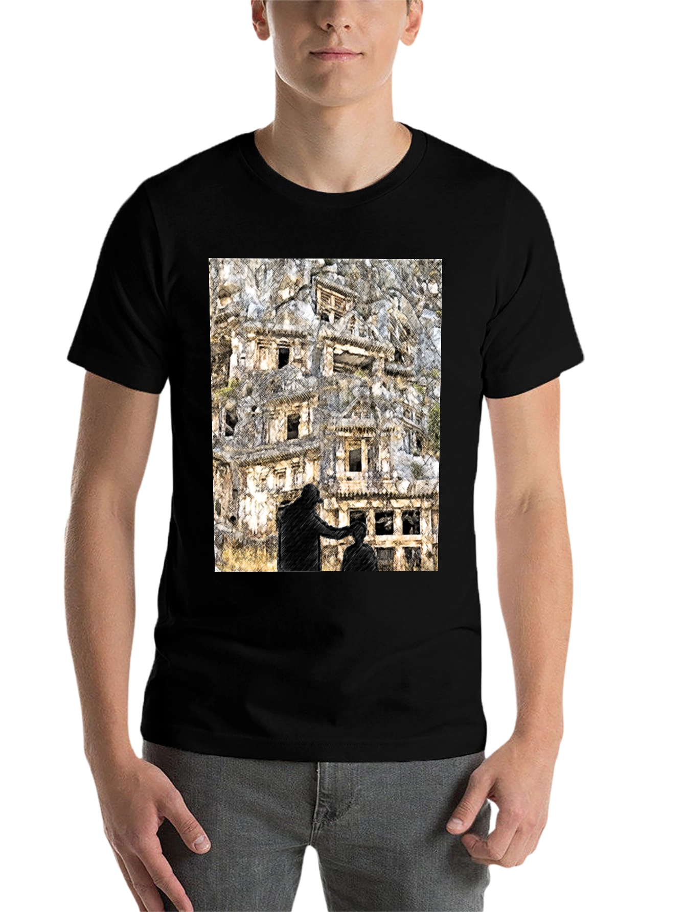 Black Urban Sketch Tee: Barber Shop Graphic Print view 7