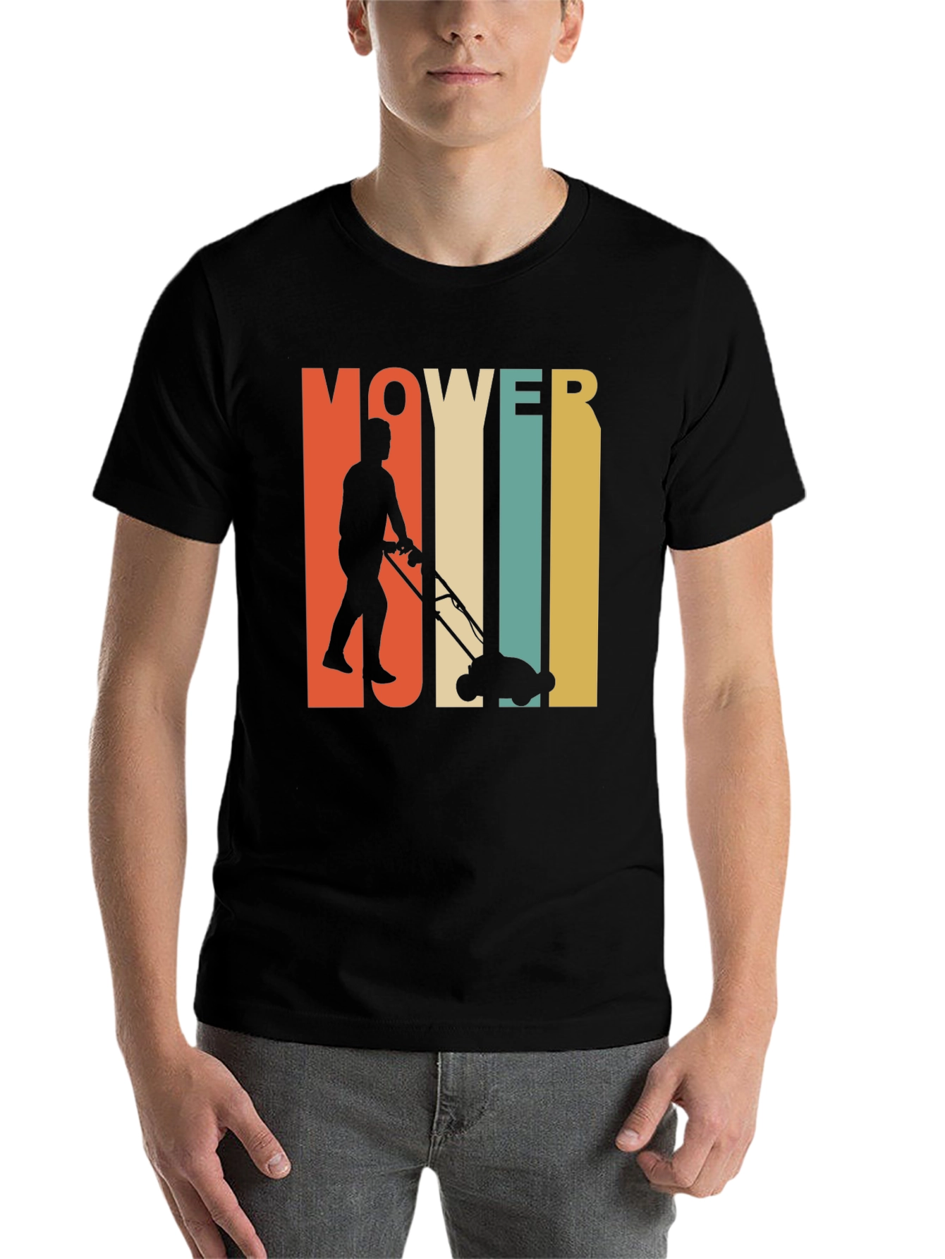 Black Vintage Mower Man T-Shirt - Retro Lawn Care Design view 7