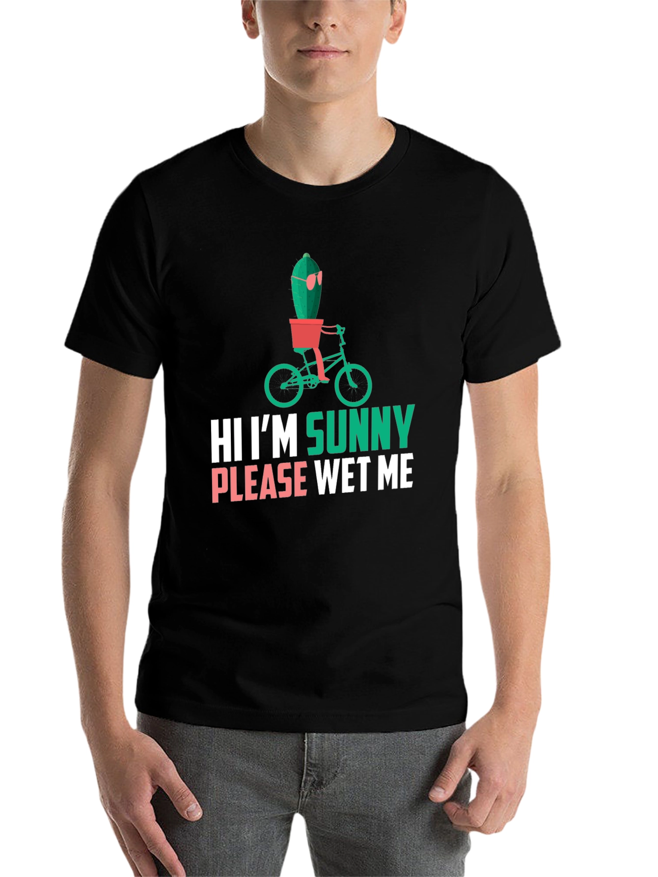 Black Funny Cactus T-Shirt - "Hi I'm Sunny, Please Wet Me" view 7