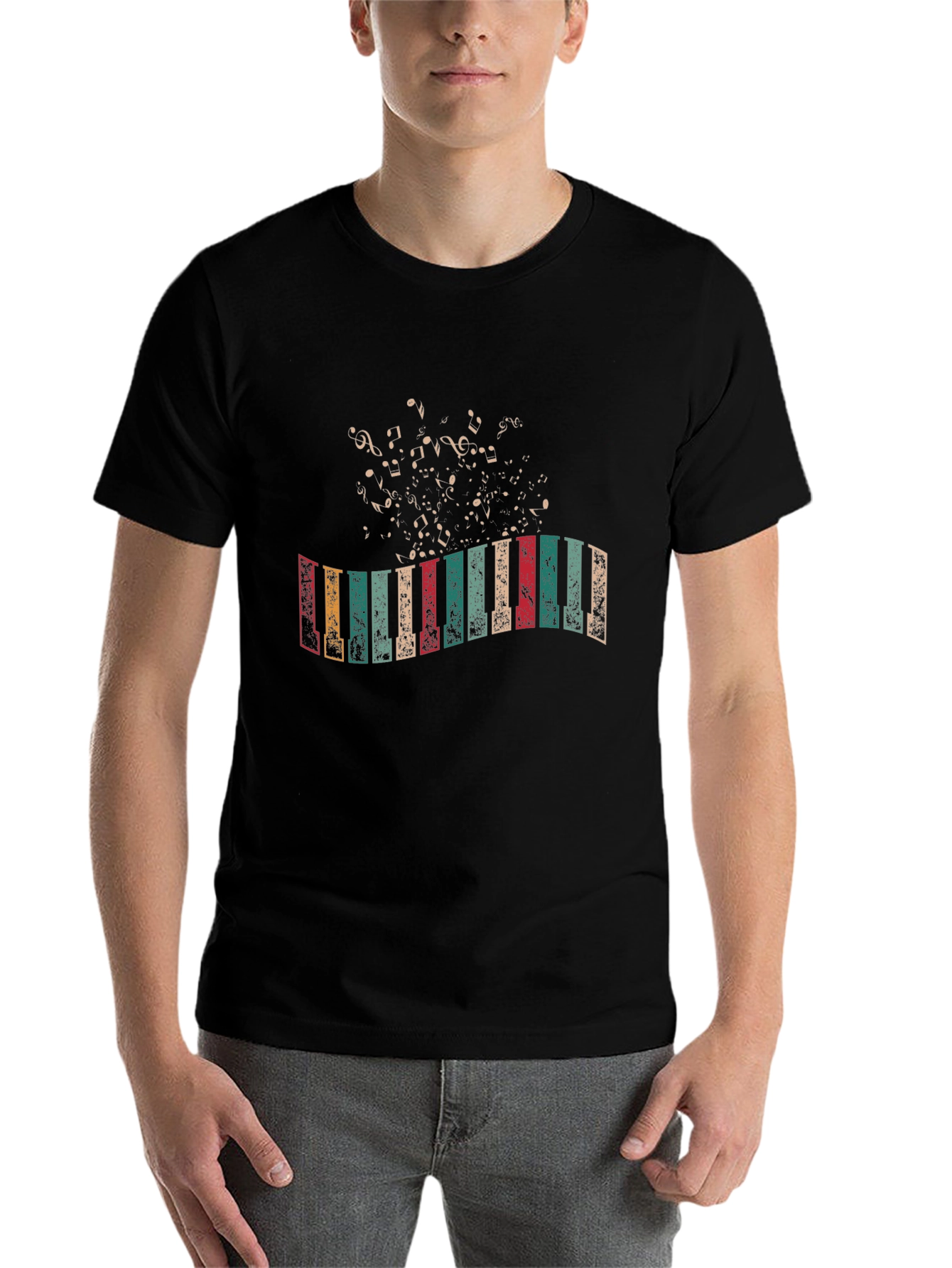 Black Retro Piano Keys & Notes Black T-Shirt view 7
