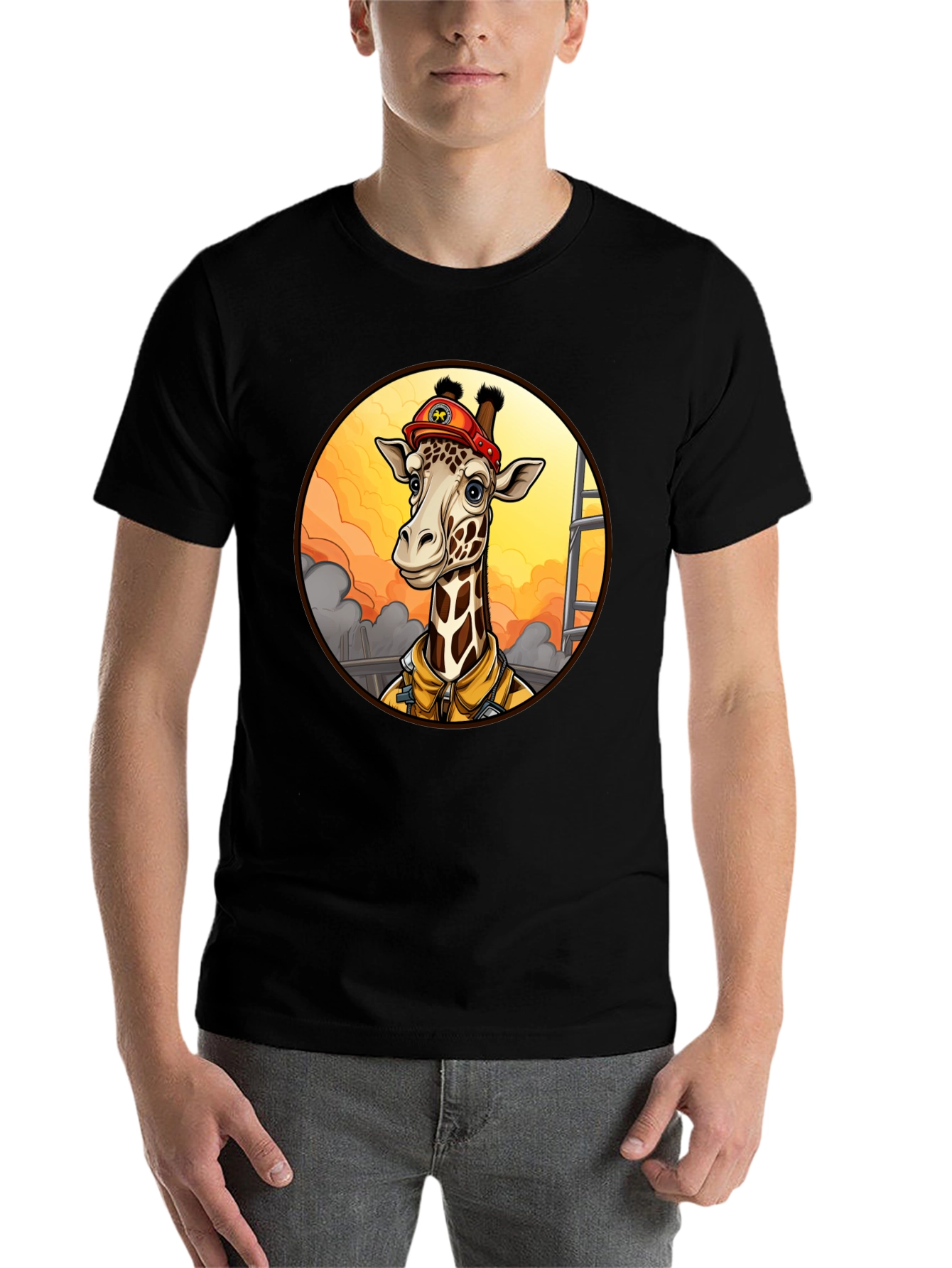 Black Giraffe Firefighter T-Shirt - Unique Cartoon Design view 7