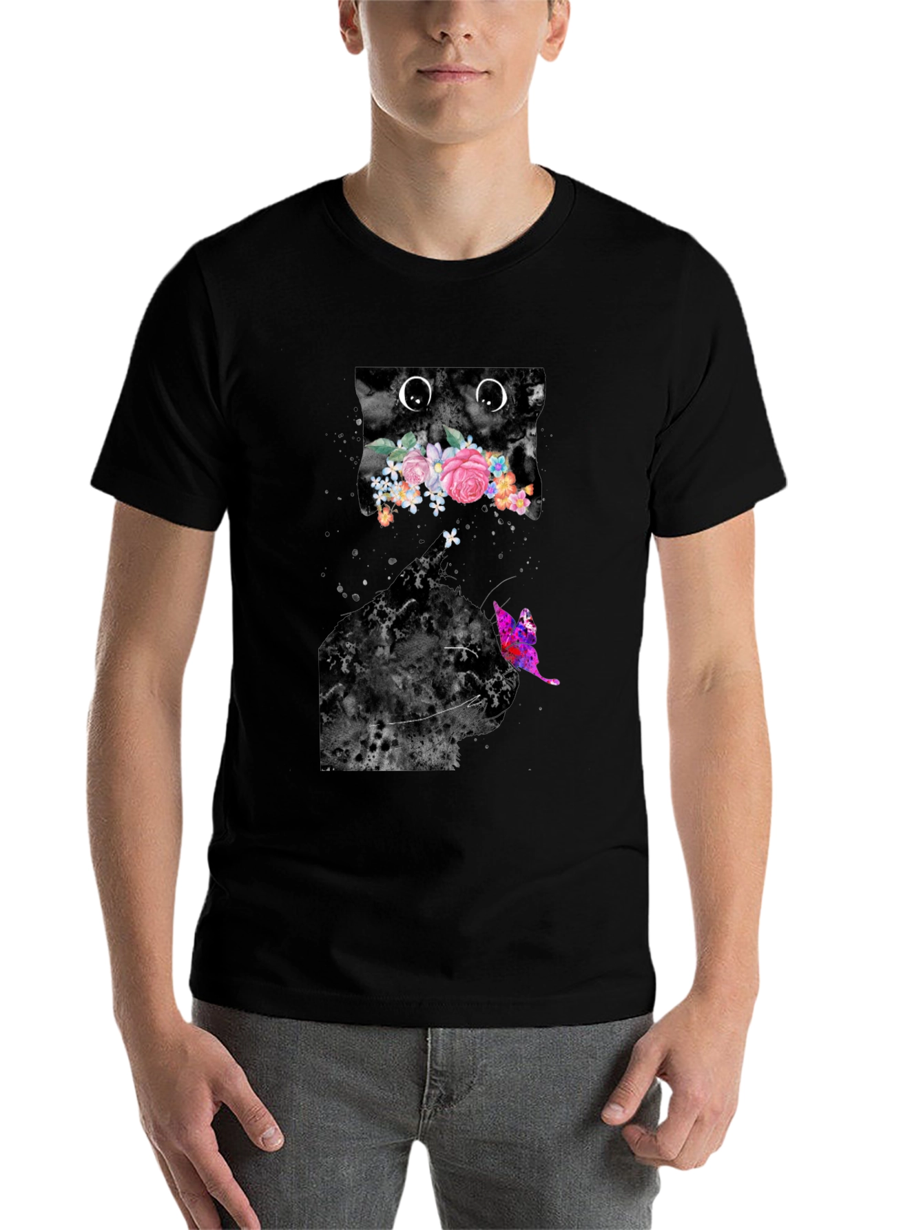 Black Floral Cat Graphic Tee - Trendy Men's Black T-Shirt view 7
