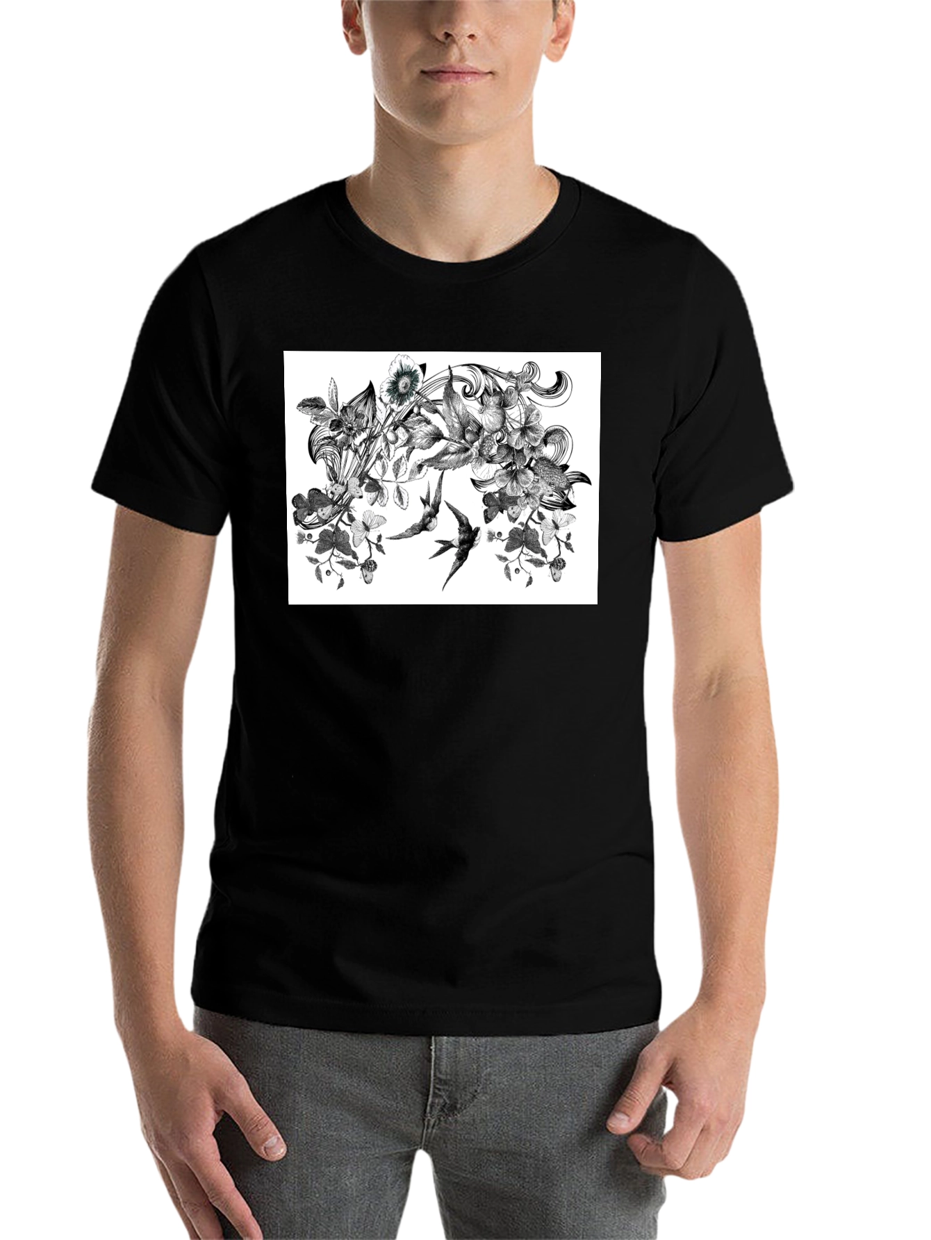 Black Botanical Swallow T-Shirt - Artistic Black Tee view 7