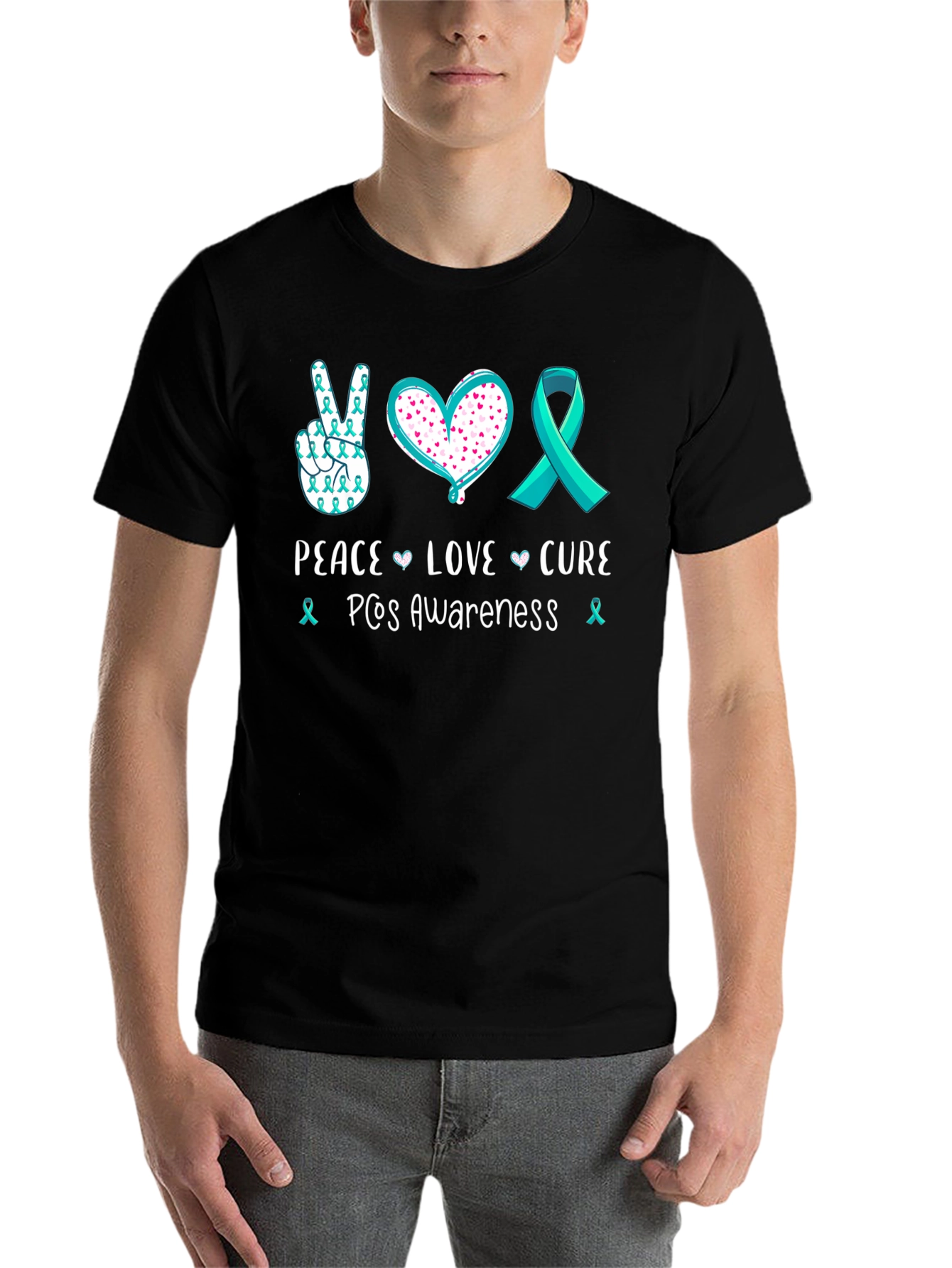 Black PCOS Awareness Peace Love Cure T-Shirt view 7