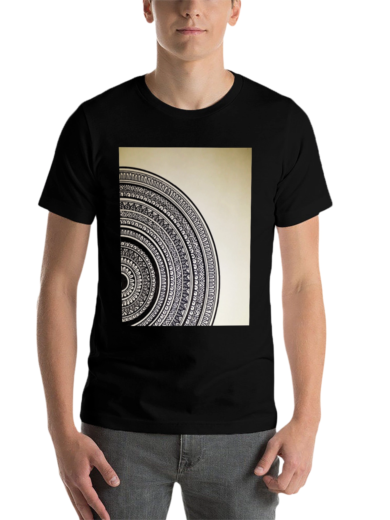 Black Geometric Mandala Graphic Tee - Stylish Black Cotton T-Shirt view 7