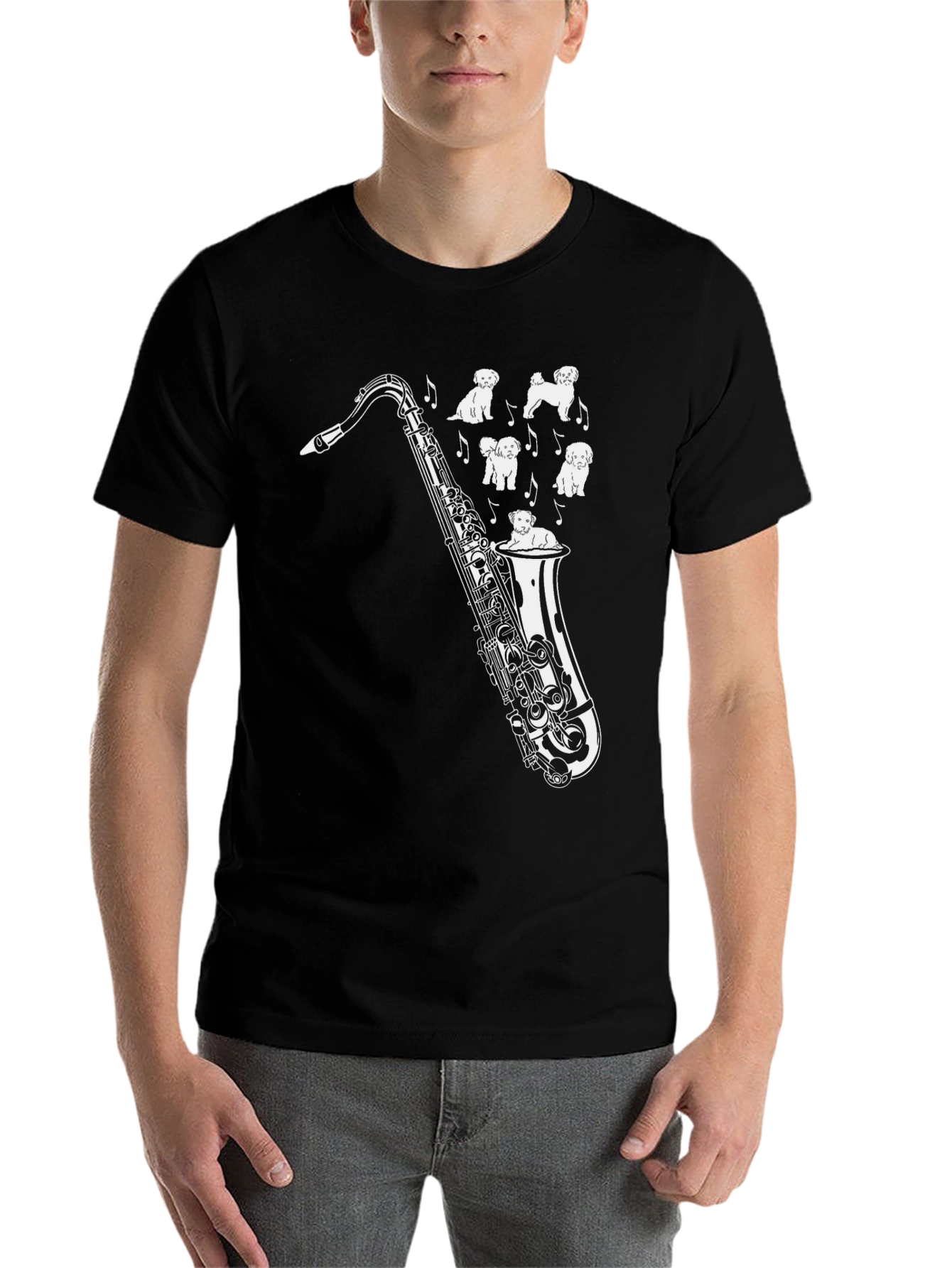 Black Saxophone & Pups Graphic Tee - Men's Black T-Shirt view 7