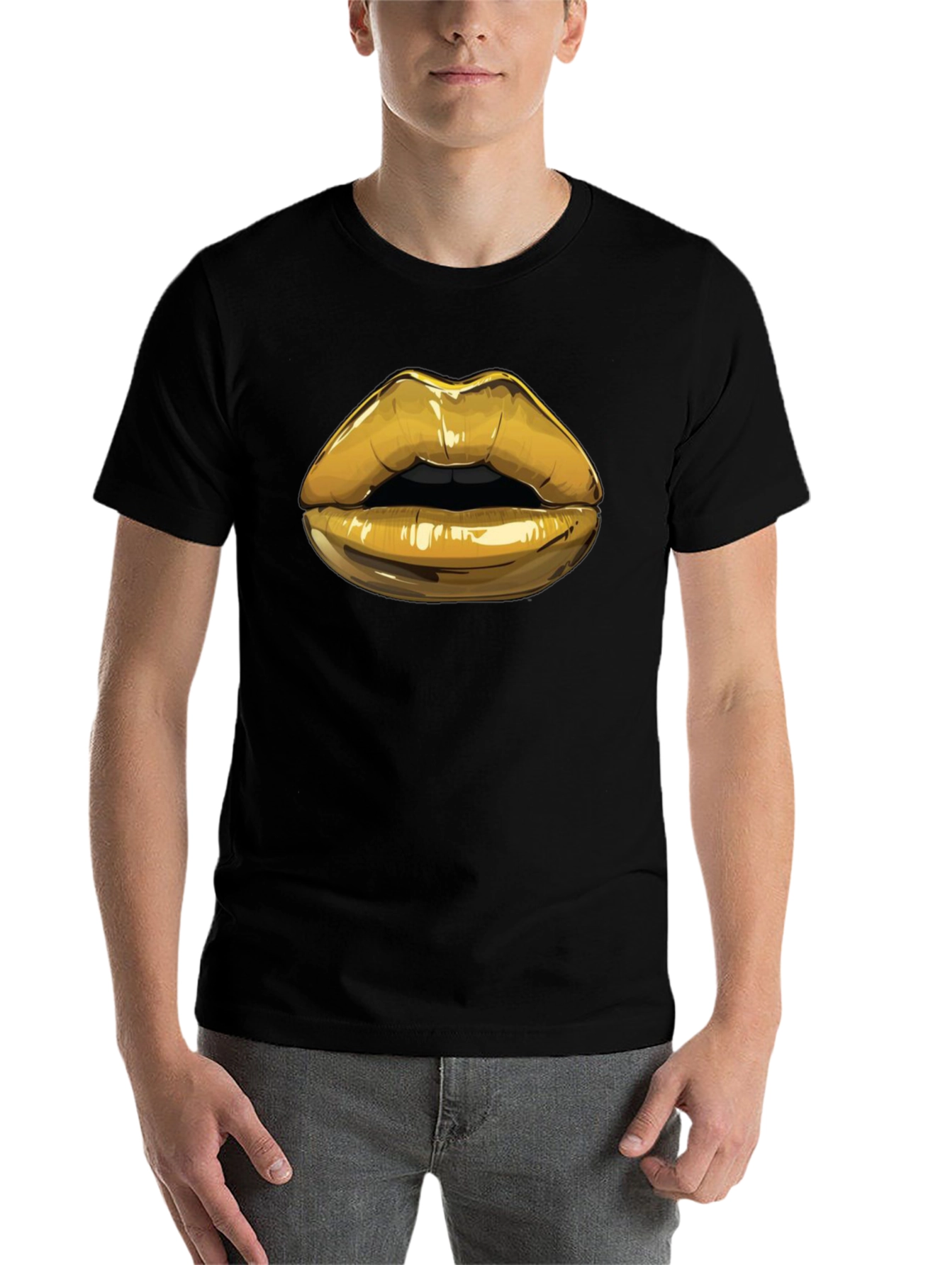 Black Golden Lips Graphic Tee - Stylish Black Cotton Blend Shirt view 7