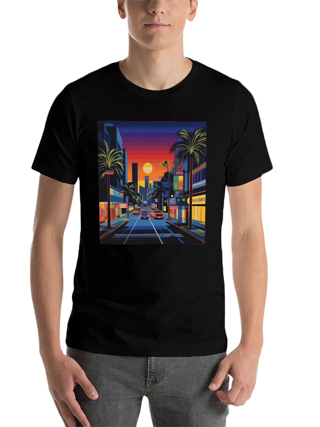 Black Sunset Cityscape Graphic Tee - Retro Style view 7