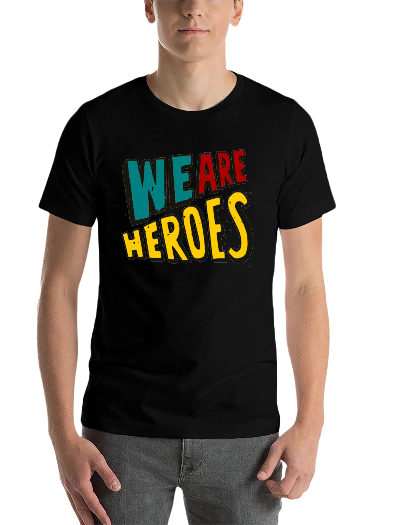 Black We Are Heroes T-Shirt - Black Crew Neck view 7