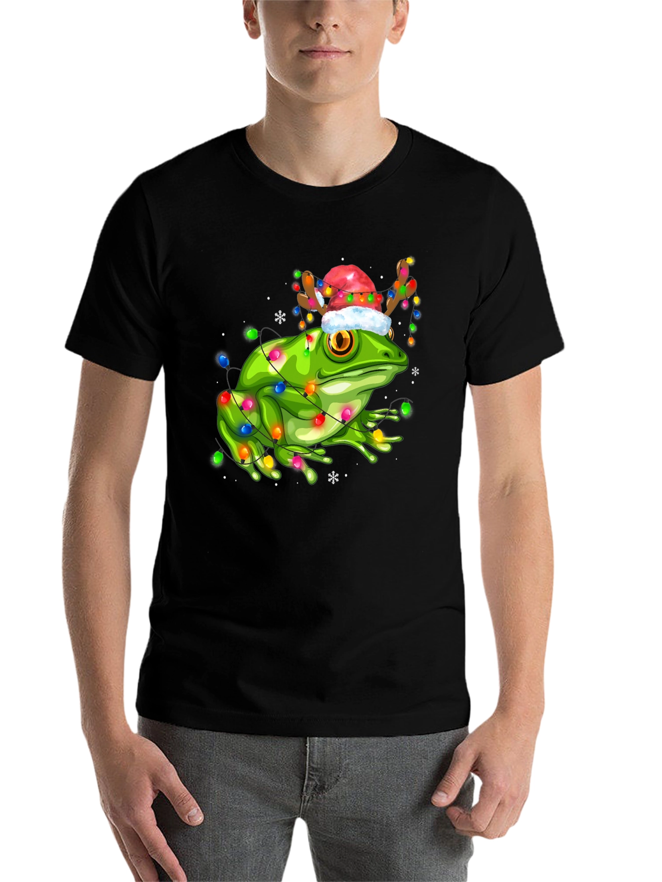 Black Festive Frog Tee: Christmas Lights & Reindeer Hat view 7