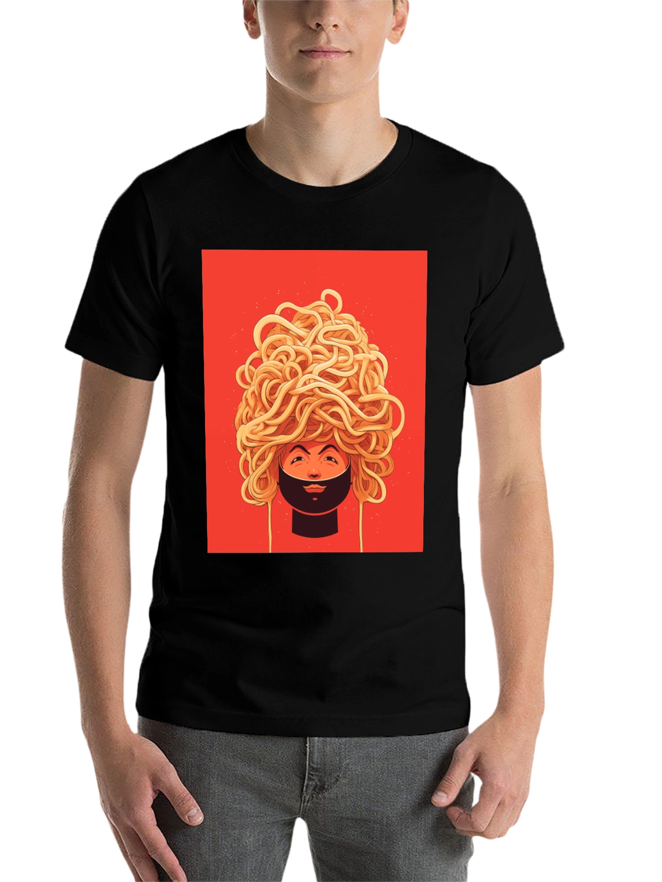 Black Spaghetti Head Graphic Tee - Quirky Unisex T-Shirt view 7
