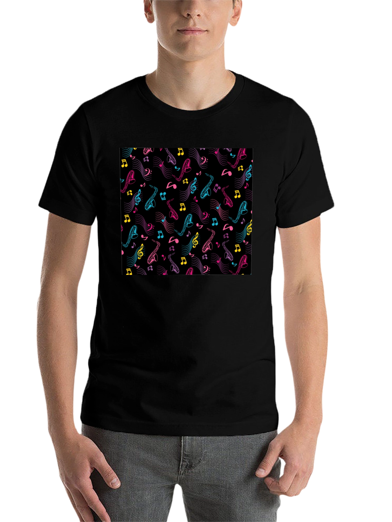 Black Musical Saxophone Pattern T-Shirt - Black view 7