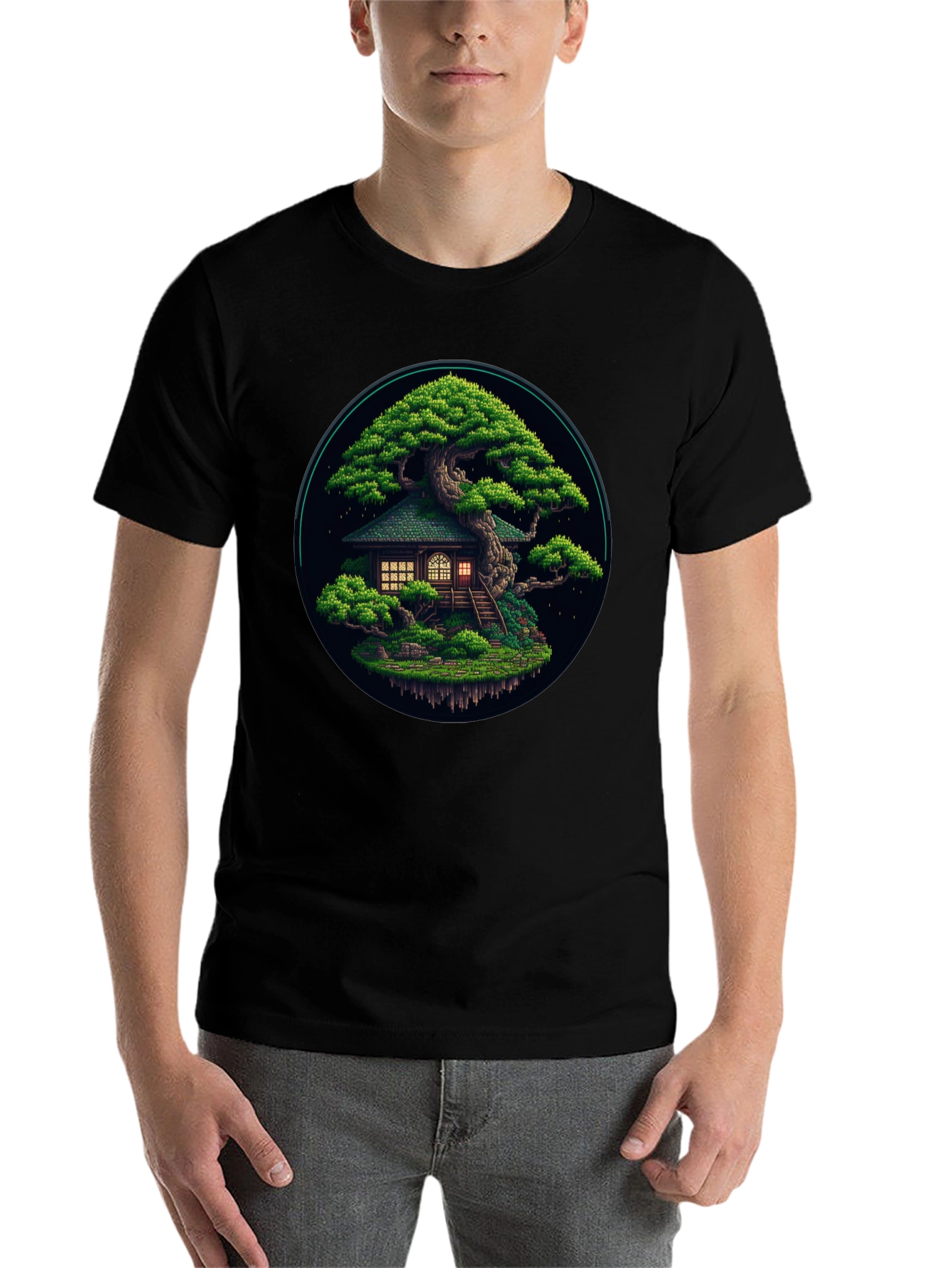 Black Pixel Art Bonsai Tree House Black T-Shirt view 7