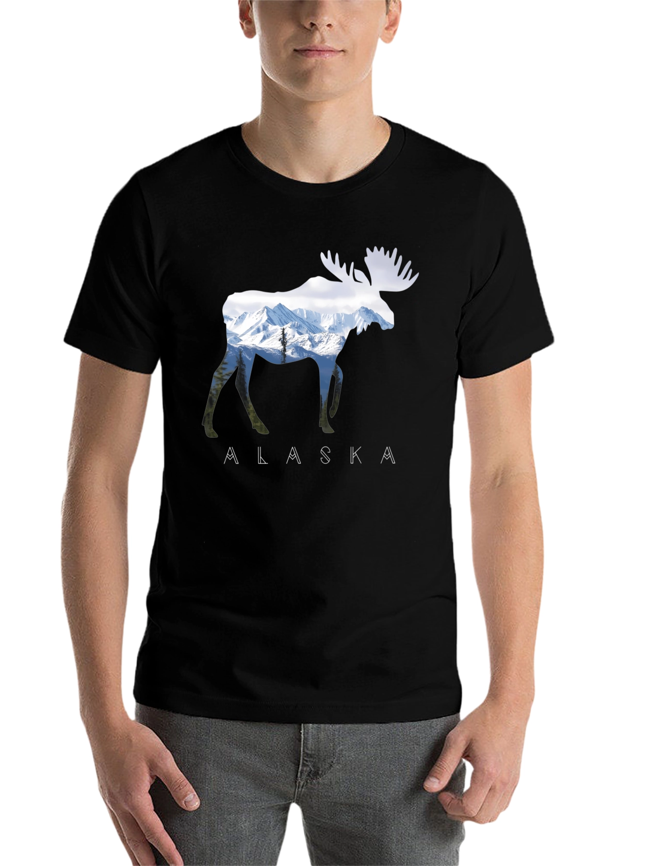 Black Alaska Moose Graphic Print T-Shirt view 7