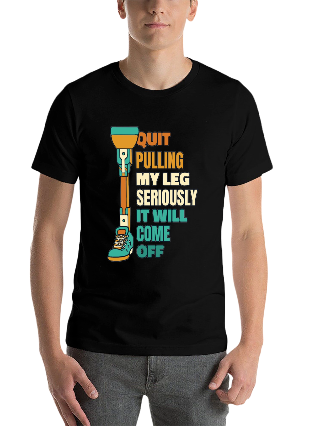 Black Quirky Leg Amputee Humor T-Shirt view 7