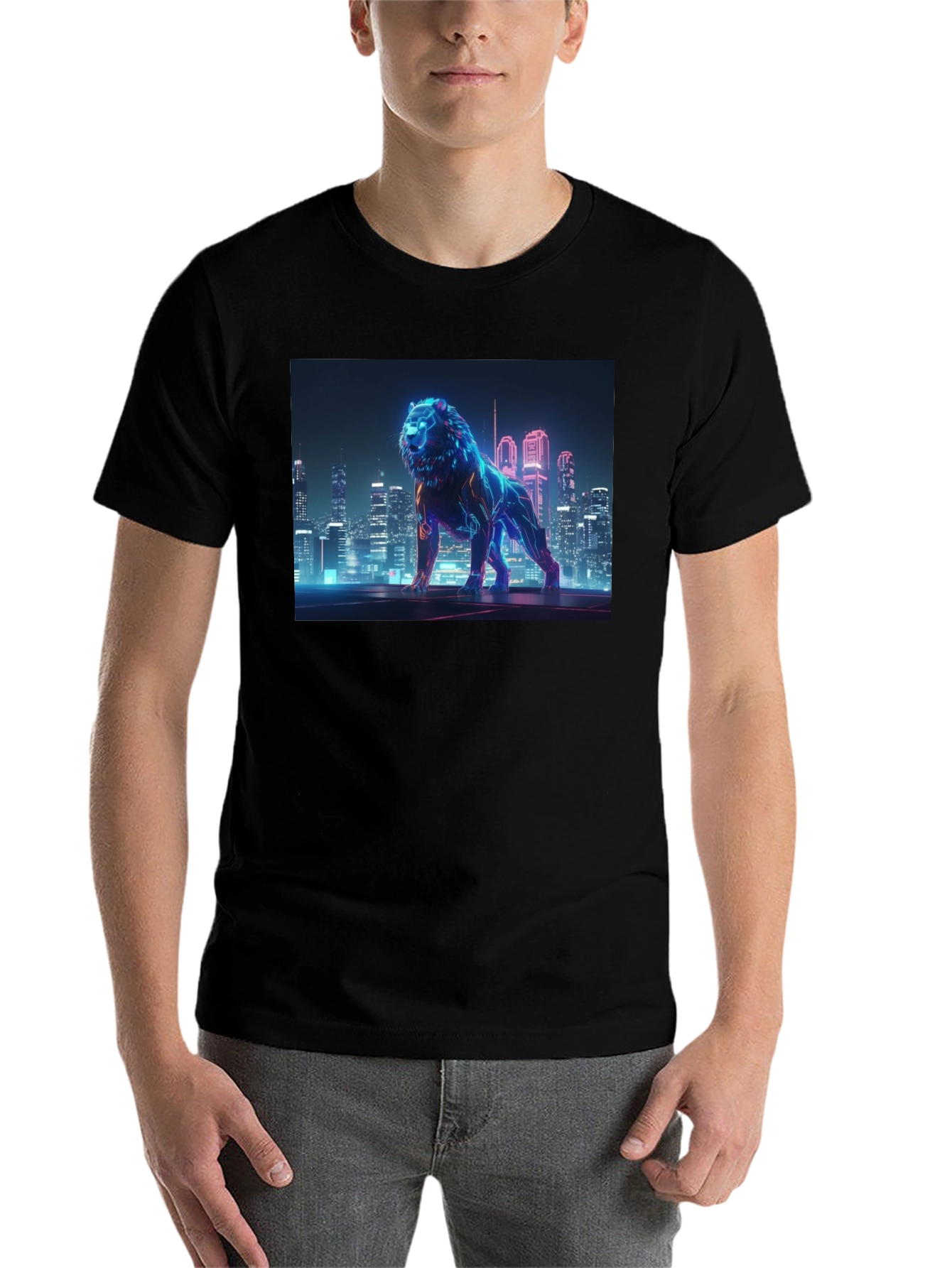 Black Neon Lion Cityscape Graphic Black Tee view 7