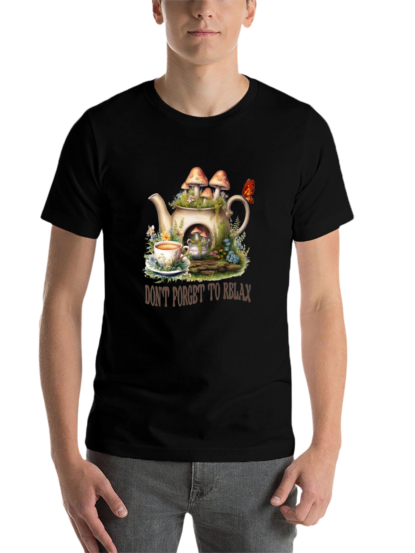 Black Relaxing Tea Party T-Shirt - Mushroom Teapot Design view 7