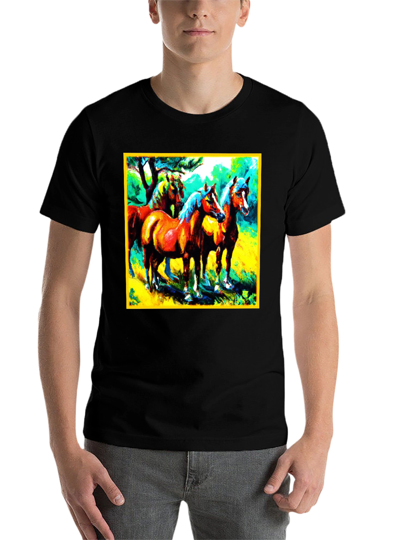 Black Horse Painting Graphic Tee - Men's Black T-Shirt view 7