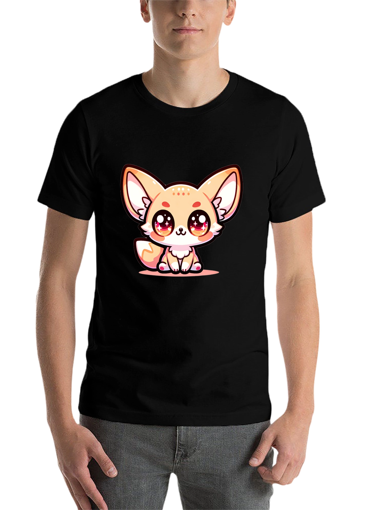 Black Cute Fennec Fox Graphic Tee - Black Cotton Blend view 7