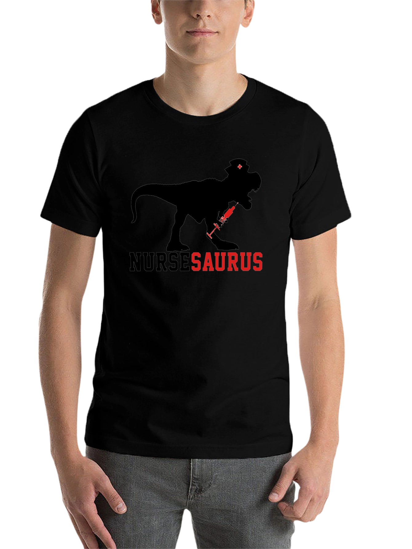 Black NurseSaurus T-Shirt: Dinosaur Nurse Tee view 7