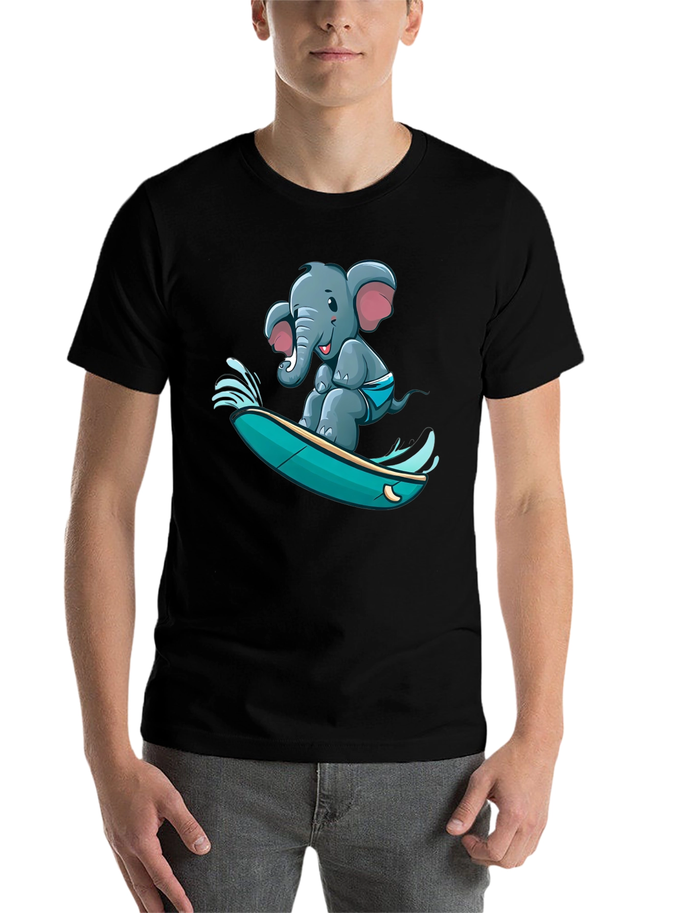 Black Surfing Elephant T-Shirt - Unique Cartoon Design view 7