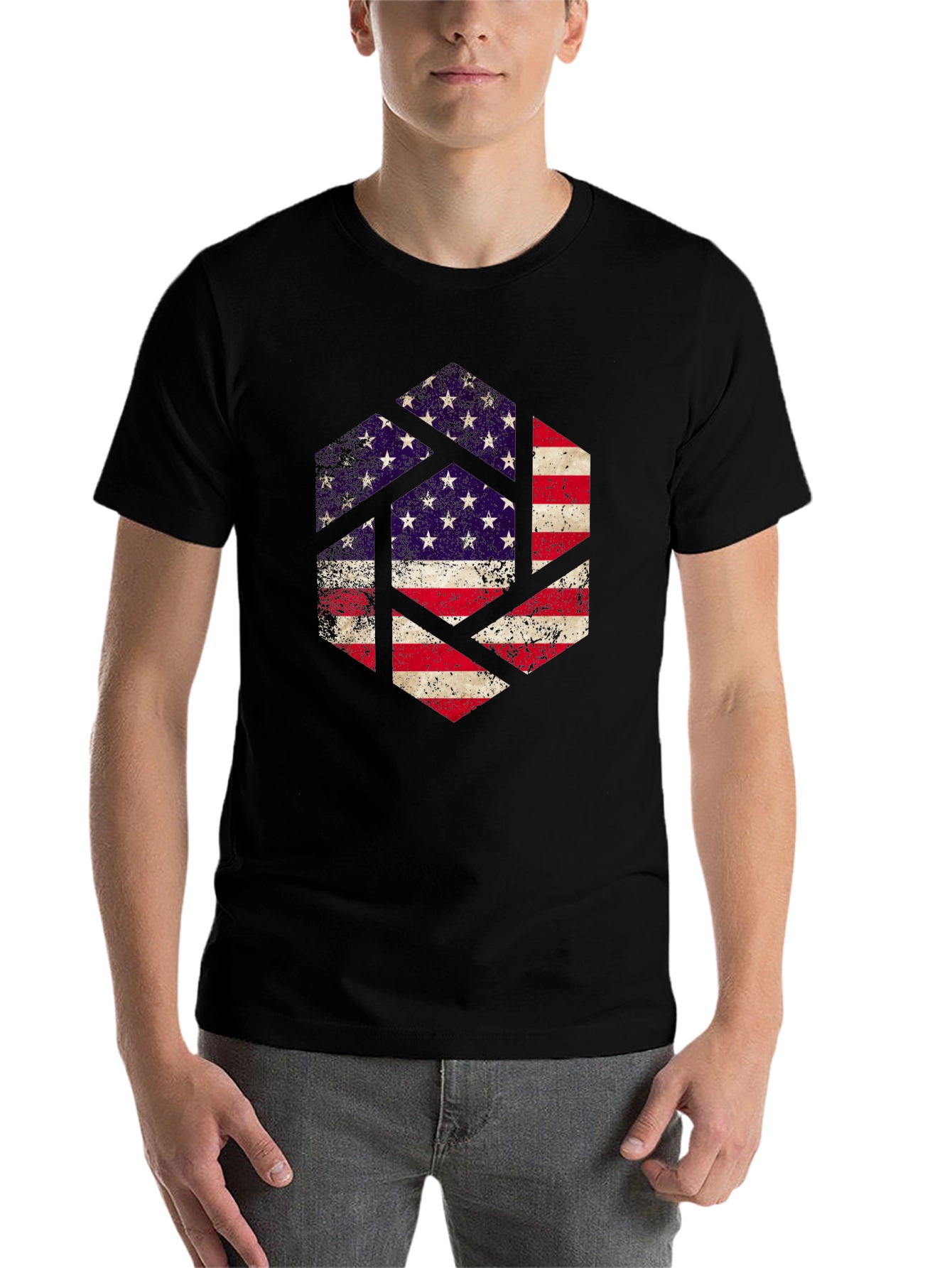 Black American Flag Hexagon Graphic Tee - Patriotic Design view 7