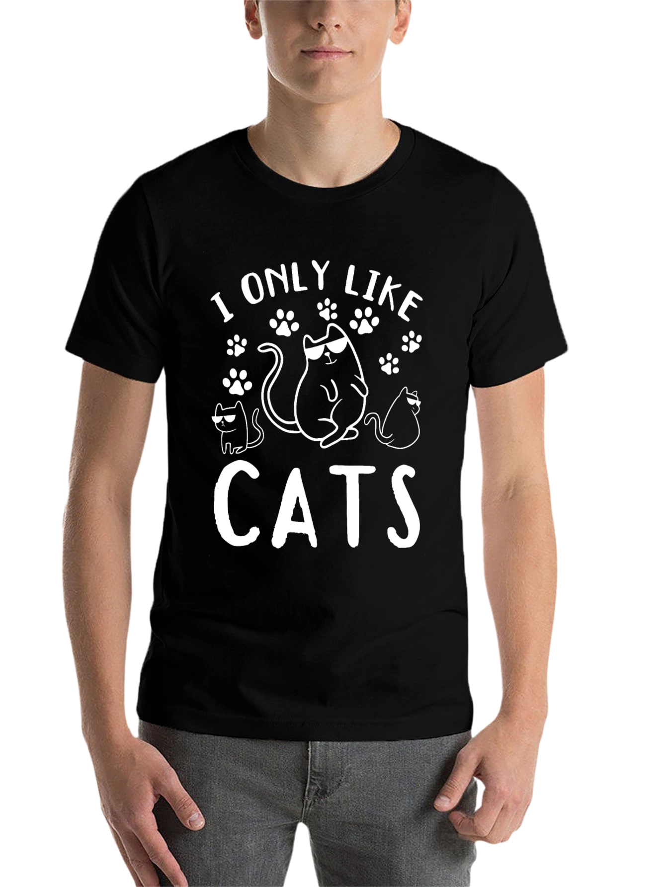 Black I Only Like Cats Graphic Tee - Cool Cat Lover T-Shirt view 7