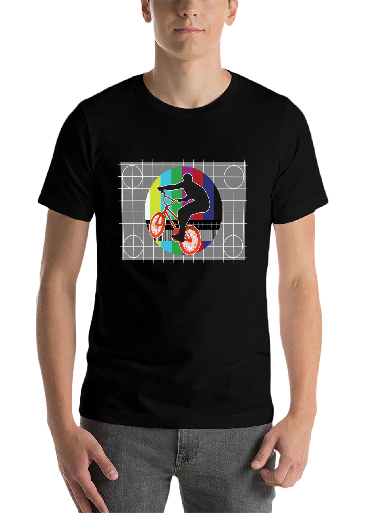 Black Retro BMX Rider Tee - Vintage Test Pattern Graphic view 7