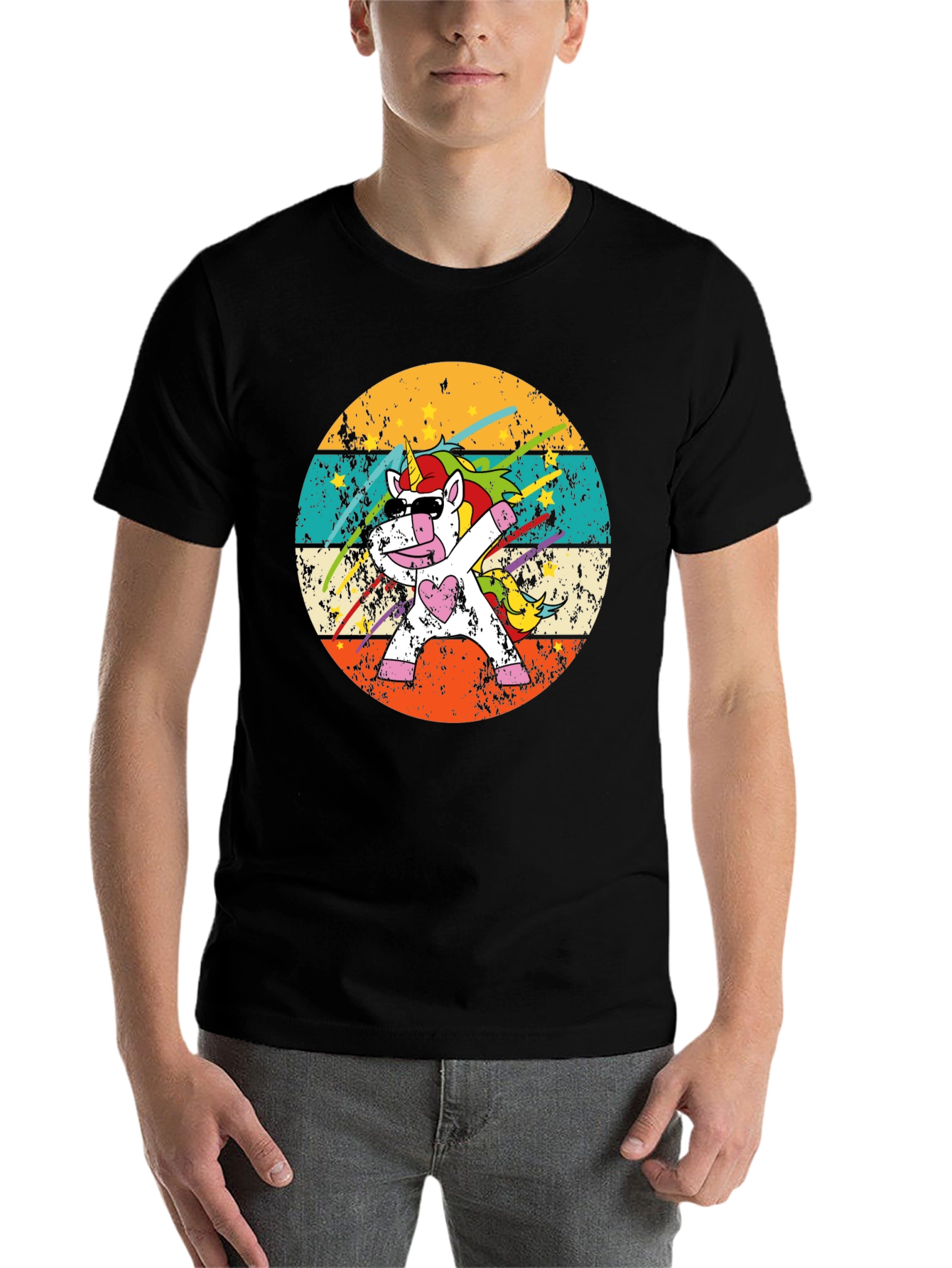 Black Dabbing Unicorn Retro T-Shirt view 7
