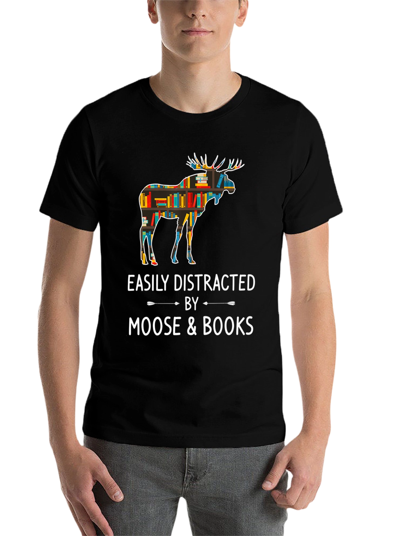 Black Easily Distracted by Moose and Books T-Shirt view 7