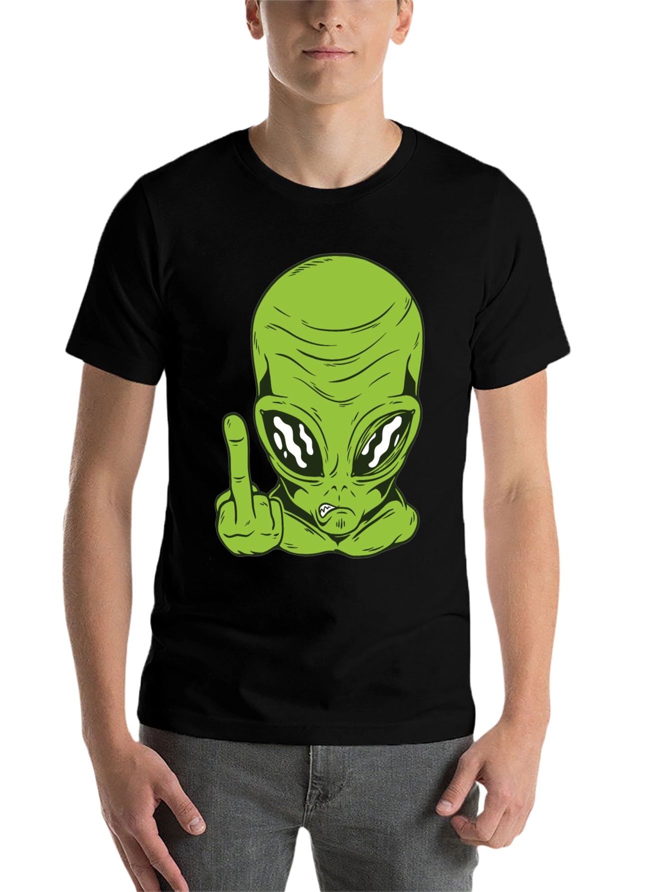 Black Alien Middle Finger Graphic T-Shirt - Black view 7